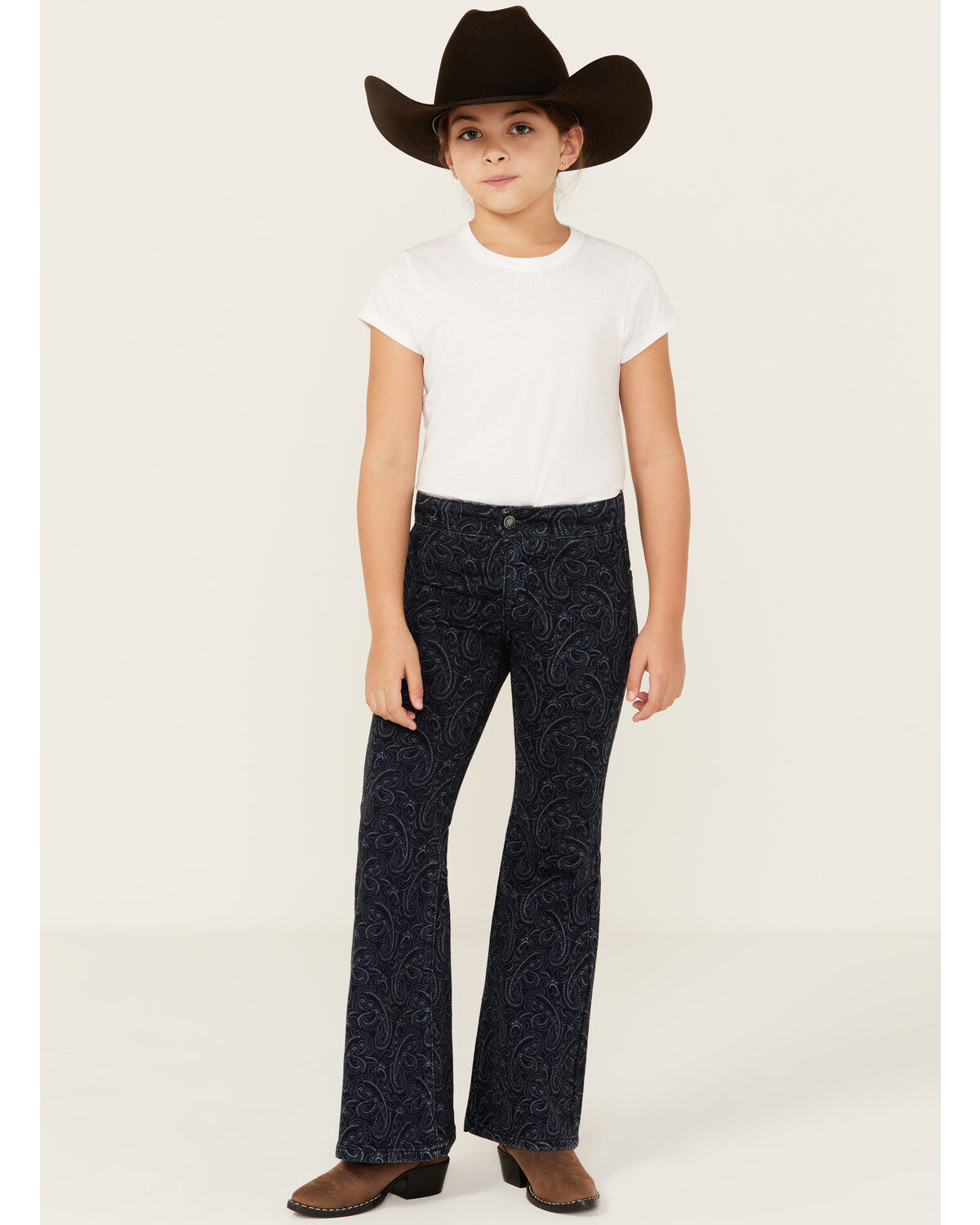 Rock & Roll Denim Girls' Dark Wash Paisley Print Button Stretch Flare Jeans, Blue, hi-res