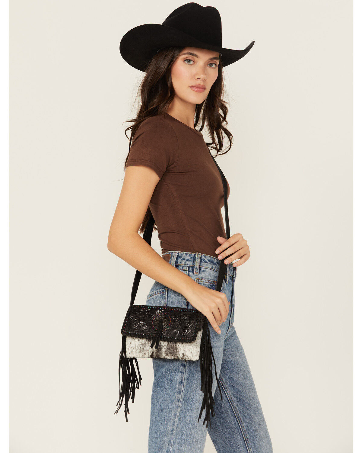 Image #1 - Shyanne Women's Cassidy Hair-On Tooled Leather Crossbody, Black, hi-res