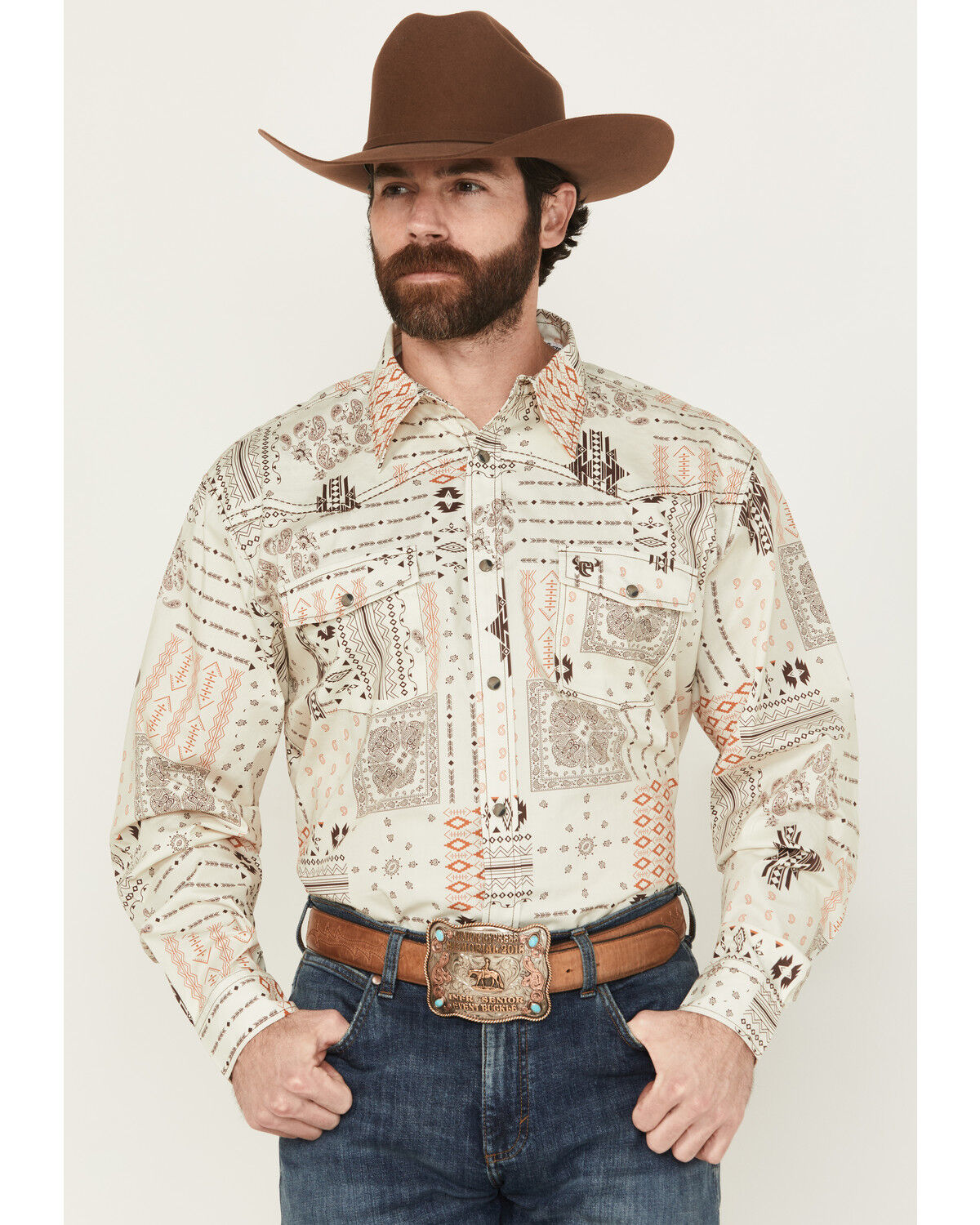 Cowboy Hardware Men's Southwestern Print Long Sleeve Snap Stretch Western Shirt, Tan, hi-res