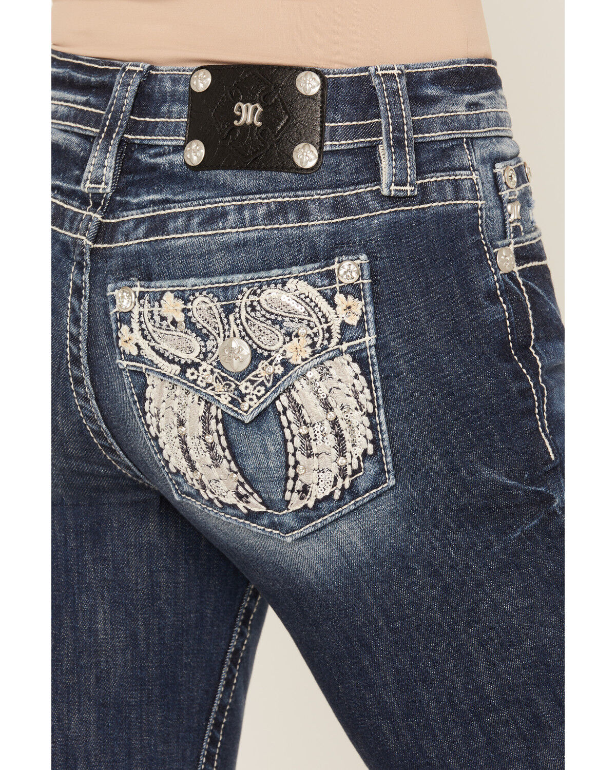 Image #2 - Miss Me Women's Dark Wash Mid Rise Winged Pocket 32" Bootcut Stretch Denim Jeans, Dark Wash, hi-res