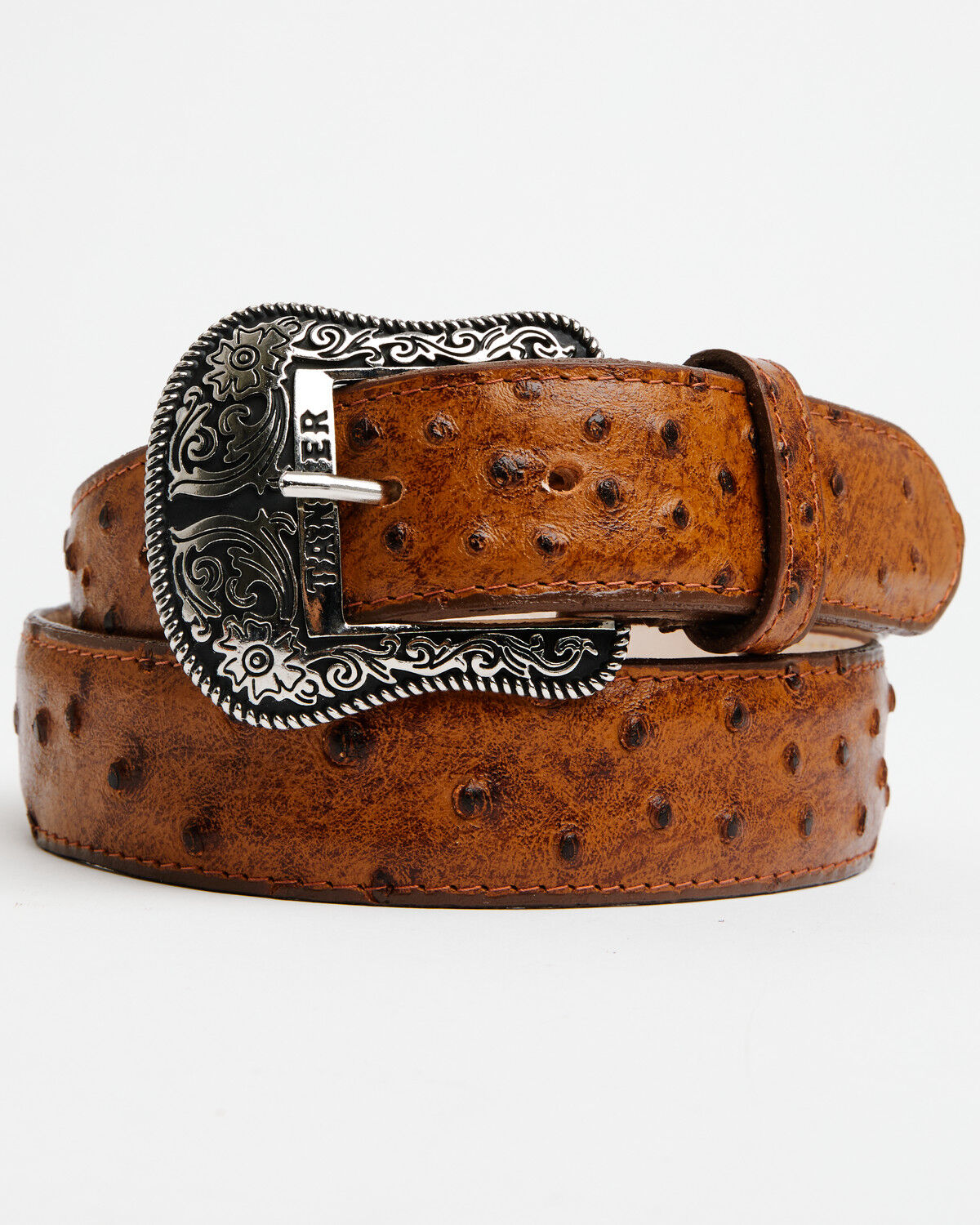 Tanner Mark Men's Broken Arrow Ostrich Print Leather Belt, Cognac, hi-res
