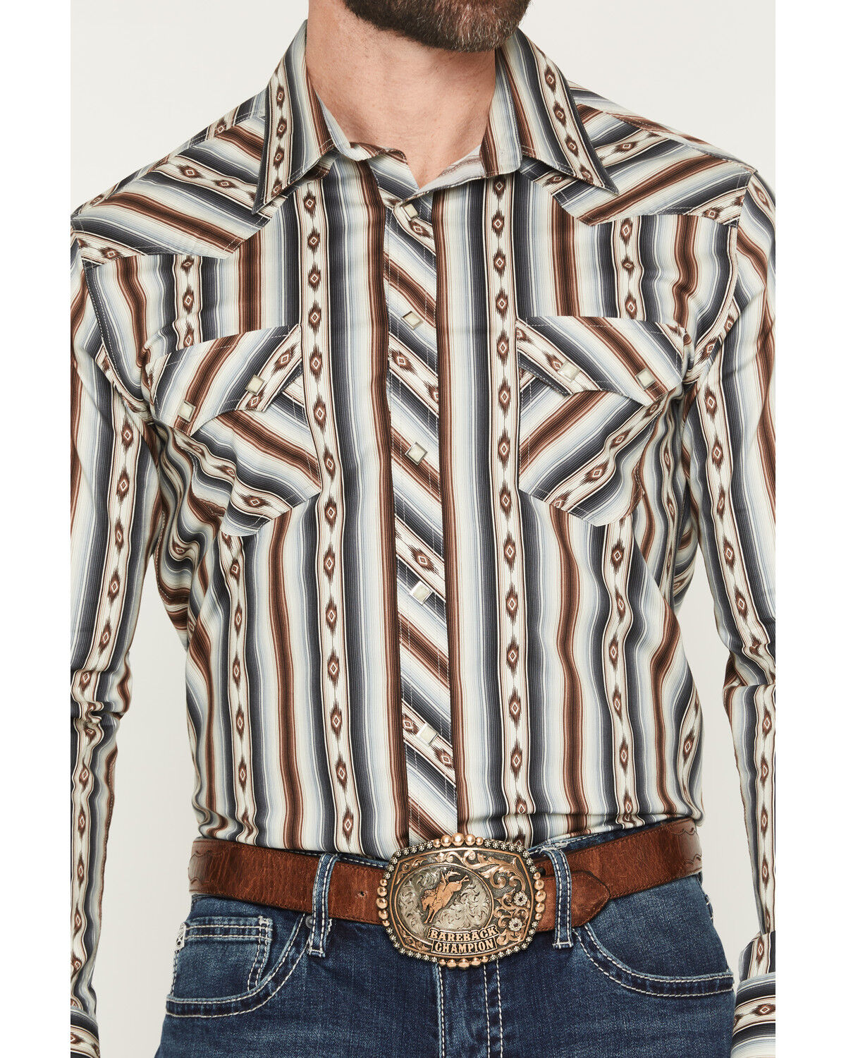 Image #3 - Rock & Roll Denim Men's Dale Brisby Southwestern Stripe Print Long Sleeve Snap Stretch Western Shirt, Dark Brown, hi-res