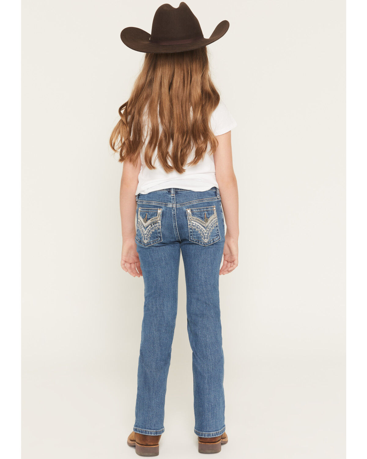 Image #1 - Shyanne Little Girls' Rome Dark Wash Embellished Pocket Bootcut Stretch Denim Jeans, Dark Wash, hi-res