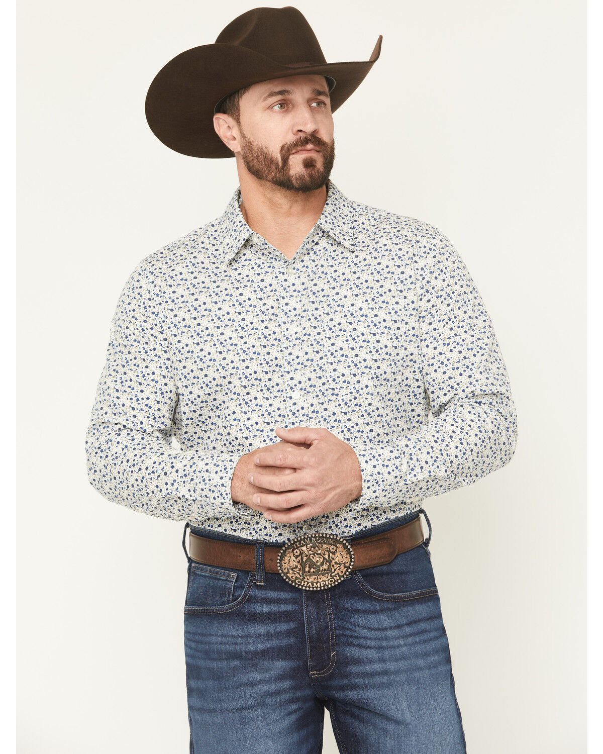 Image #1 - Gibson Trading Co Men's Kick Back Micro Floral Print Long Sleeve Button-Down Stretch Western Shirt - Big, White, hi-res