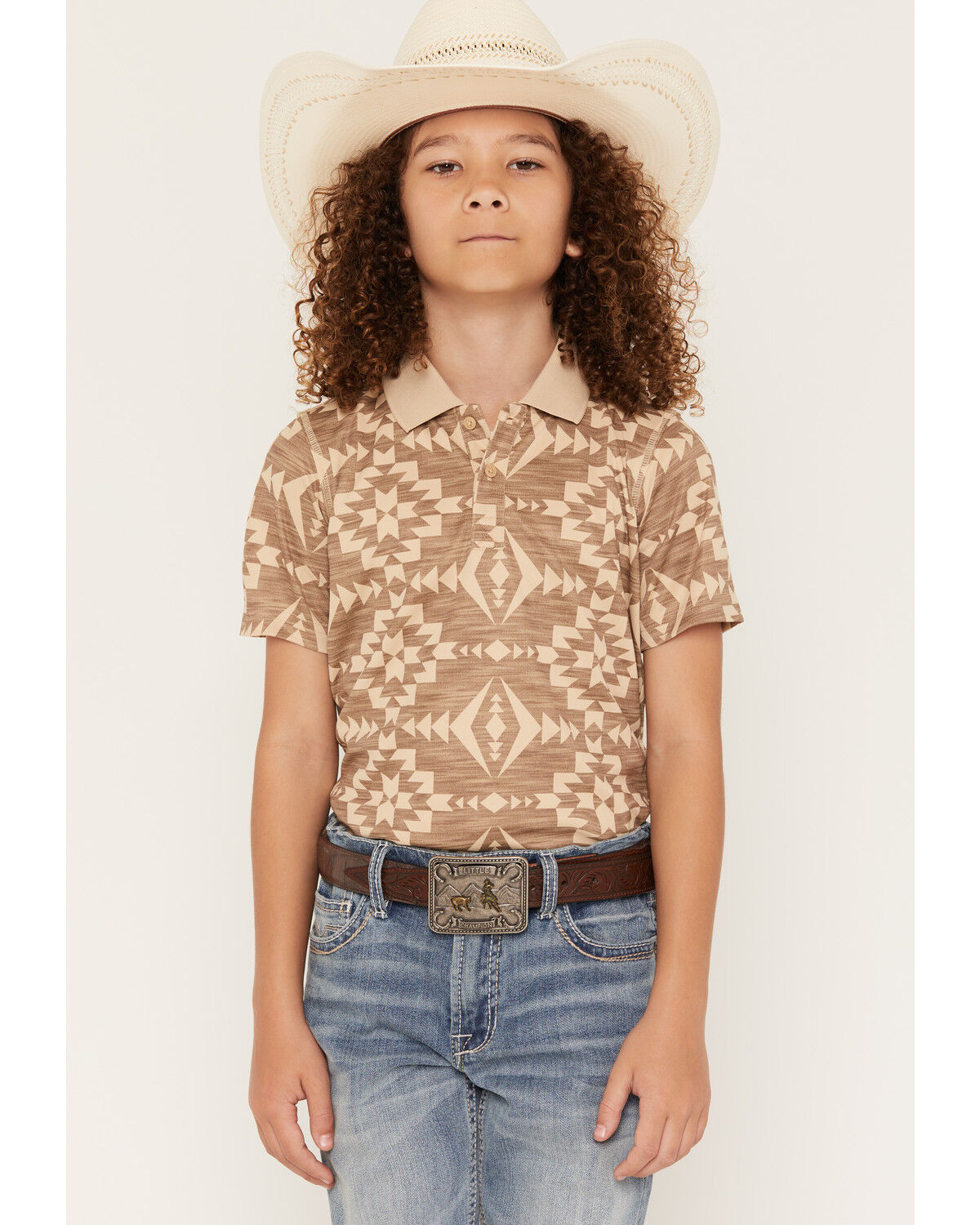 Image #1 - RANK 45&reg; Boys' Southwestern Print Short Sleeve Button-Down Polo Shirt, Tan, hi-res