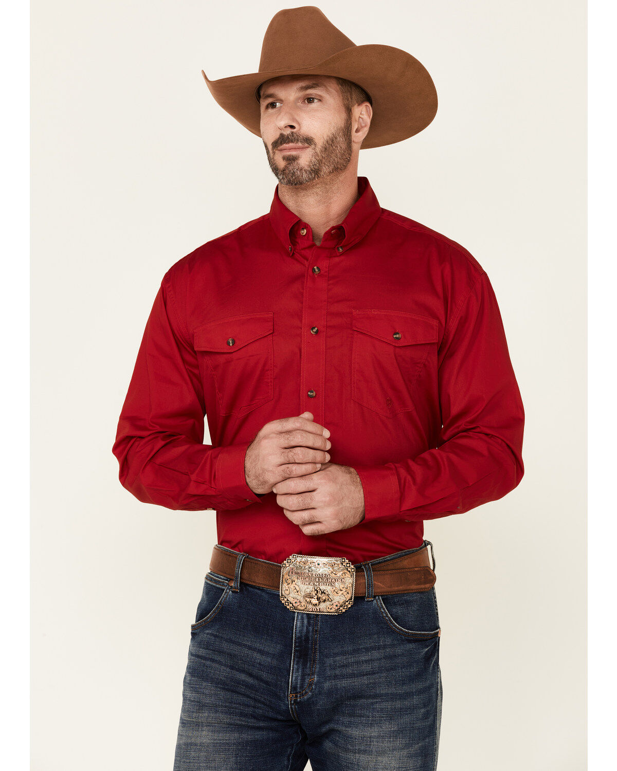 Image #1 - Roper Men's Solid Amarillo Collection Long Sleeve Button-Down Western Shirt, Red, hi-res