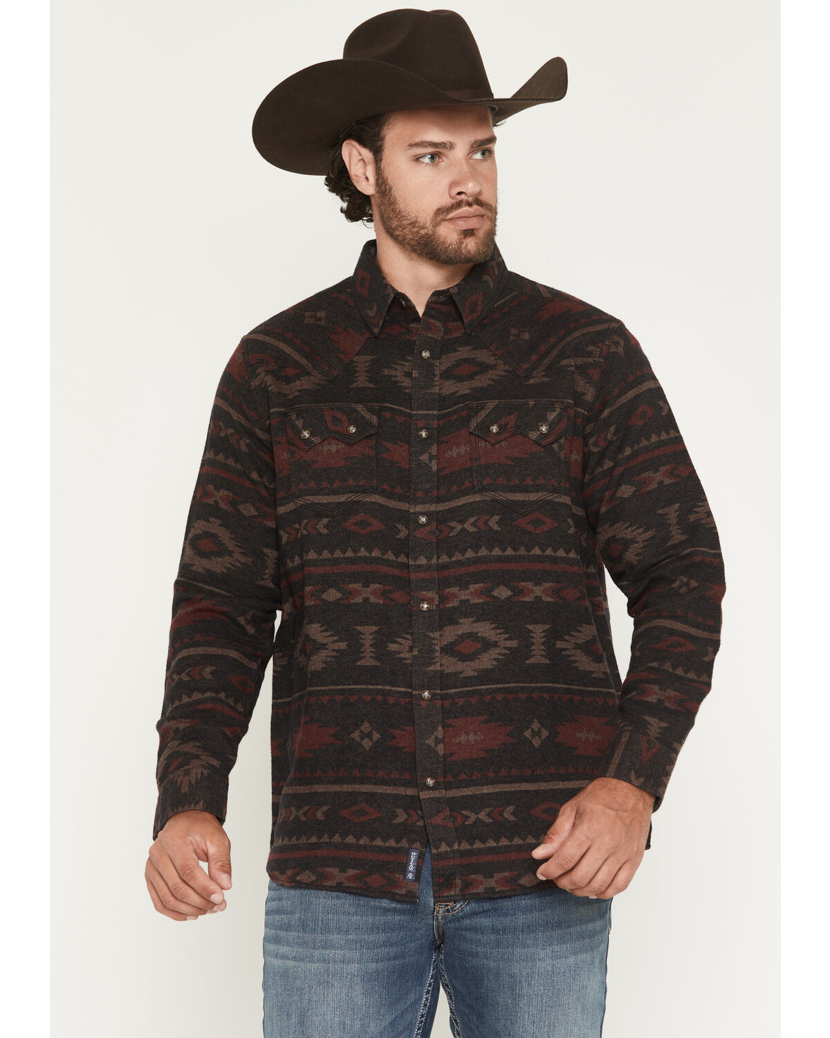 Moonshine Spirit&reg; Men's Antler Southwestern Print Long Sleeve Snap Flannel Shirt, Burgundy, hi-res