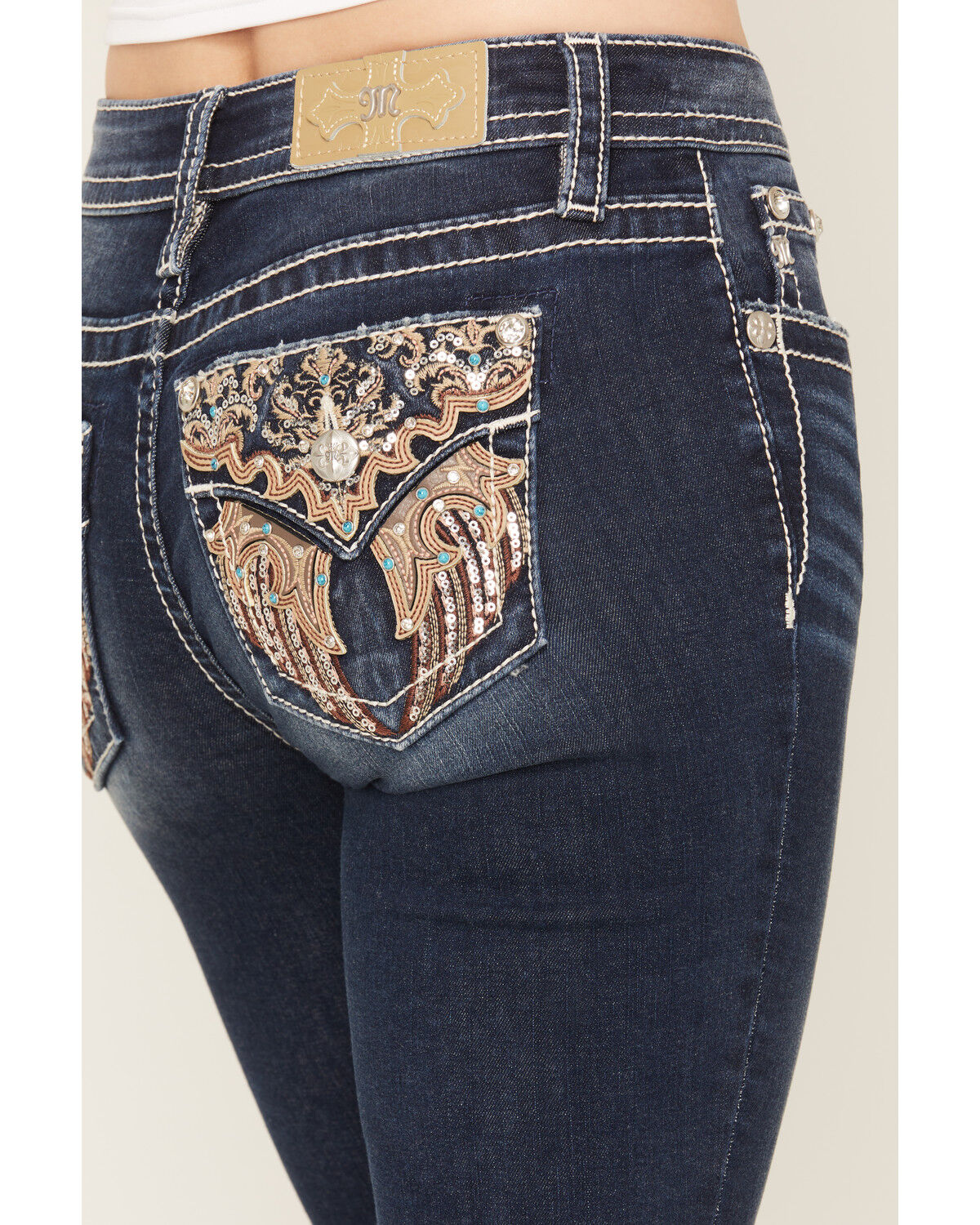 Image #2 - Miss Me Women's Dark Wash Mid Rise Winged Pocket 32" Bootcut Stretch Denim Jeans, Dark Wash, hi-res