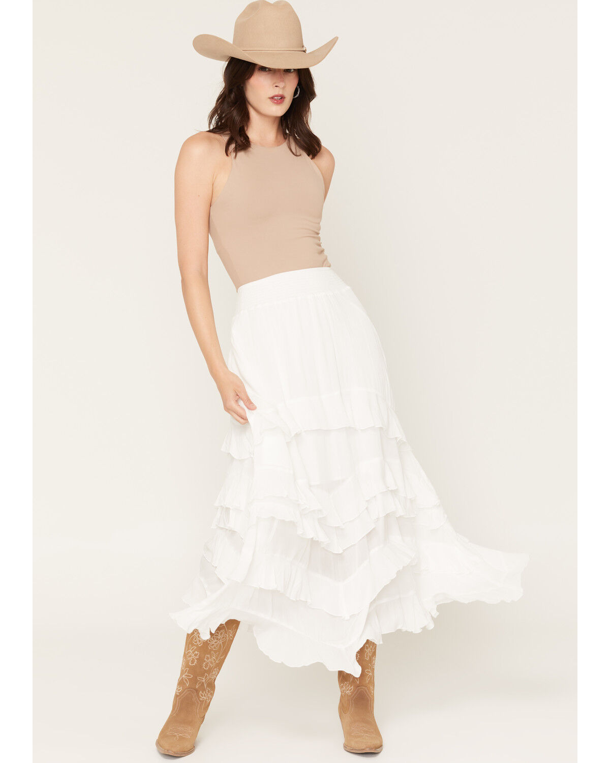 Ashley Women's Tiered Ruffle Maxi Skirt, White, hi-res