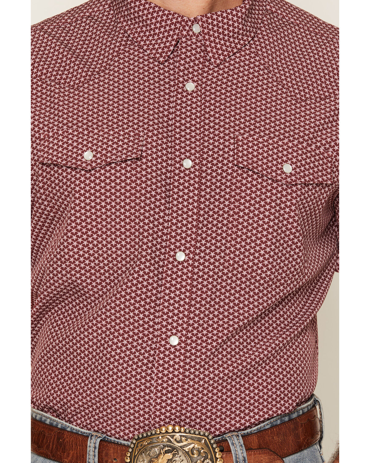 Image #3 - Panhandle Slim Men's Lone Star Print Short Sleeve Pearl Snap Performance Western Shirt, Wine, hi-res