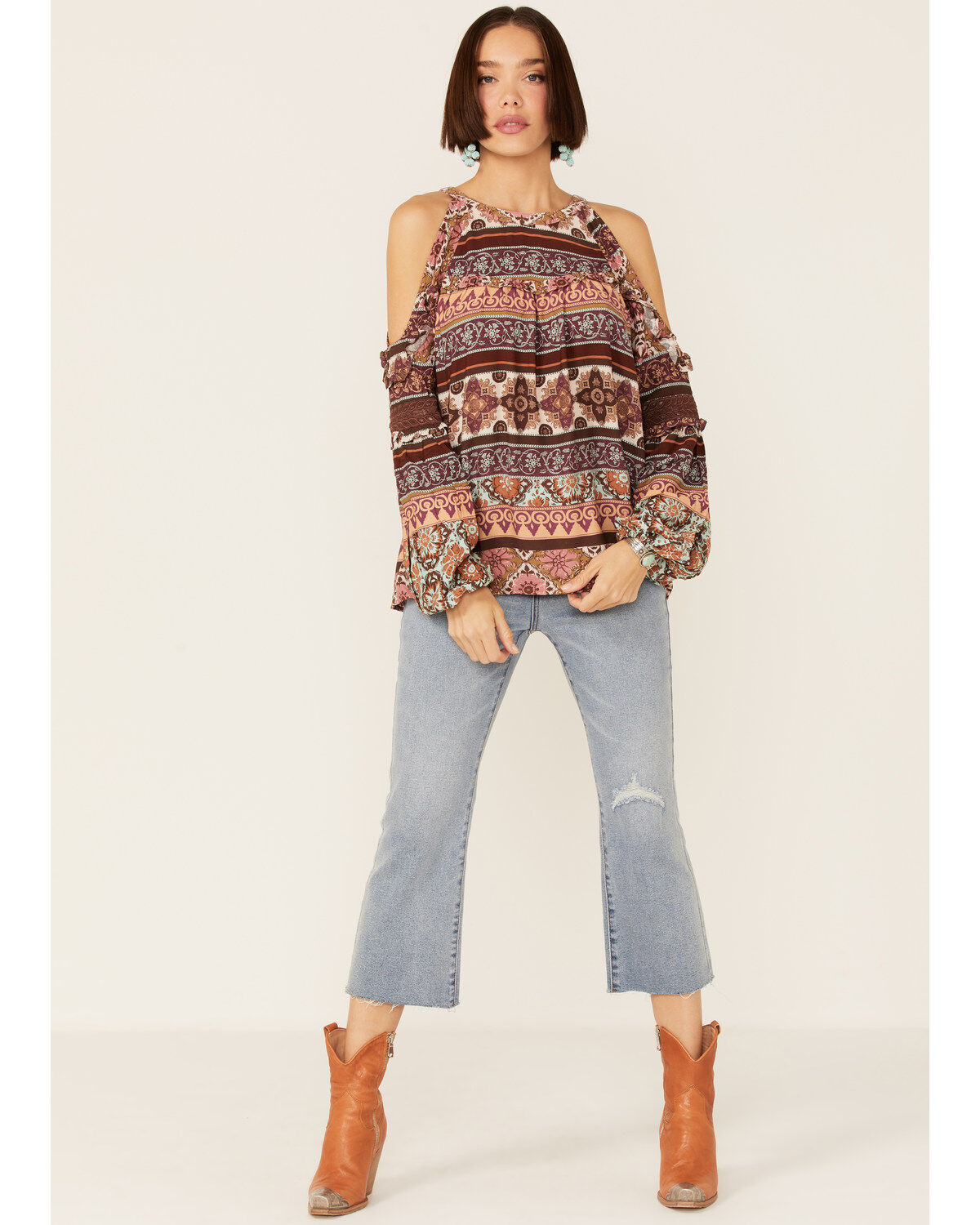 Image #5 - Miss Me Women's Vertical Print Cold Shoulder Bell Sleeve Woven Top, Rust Copper, hi-res
