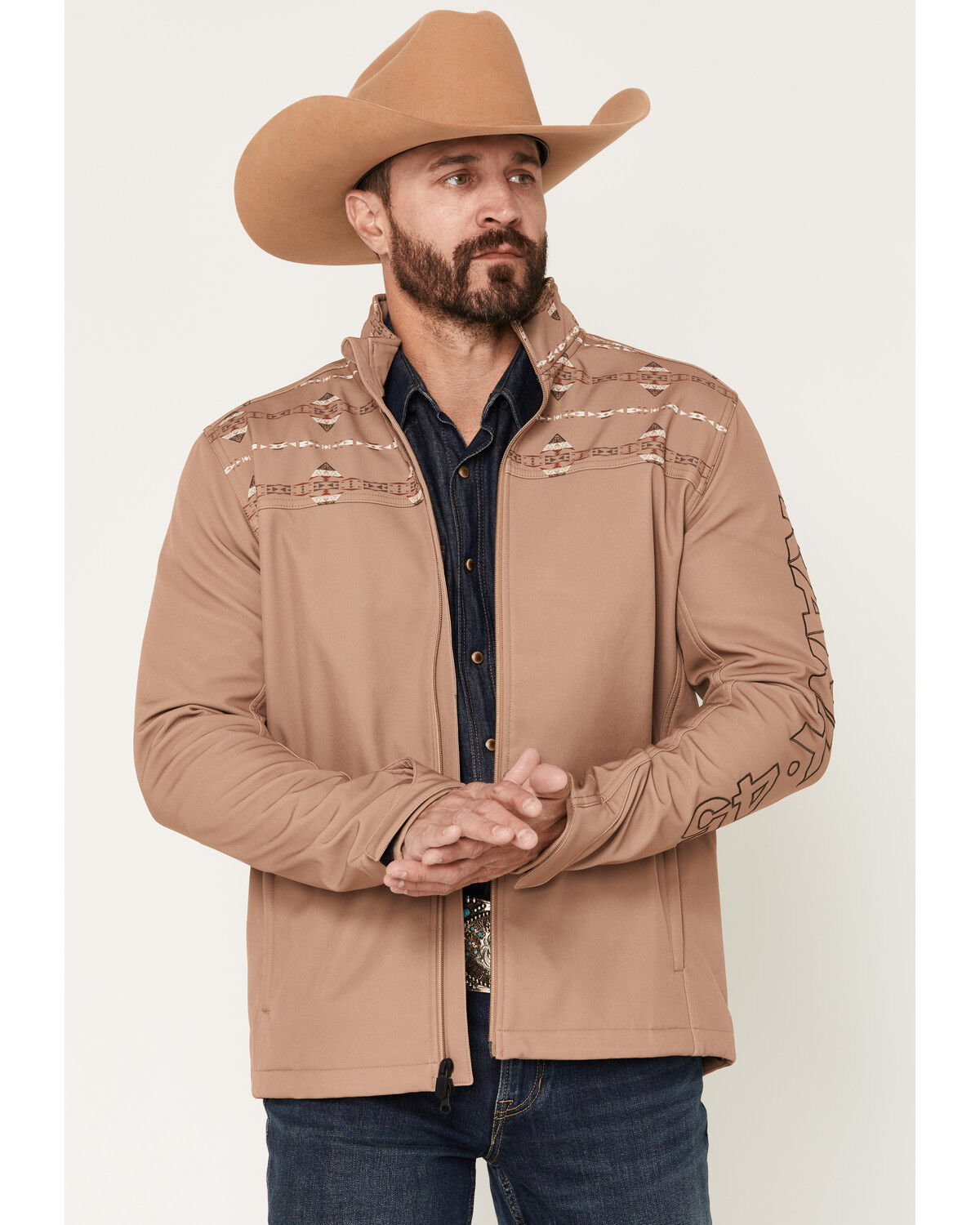RANK 45&reg; Men's Spurs Southwestern Print Colorblock Softshell Jacket, Tan, hi-res