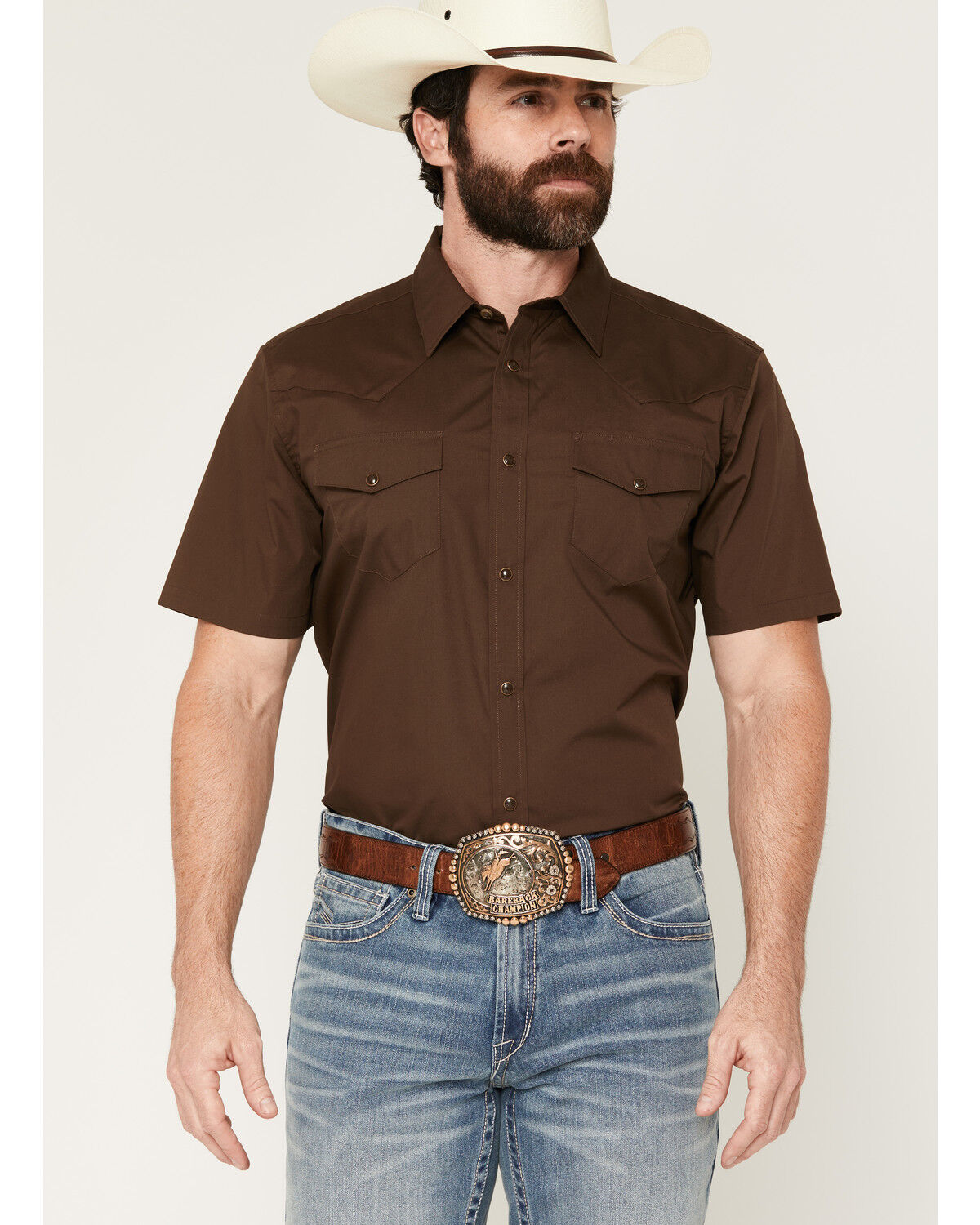 Gibson Trading Co Men's Solid Short Sleeve Snap Western Shirt, Dark Brown, hi-res