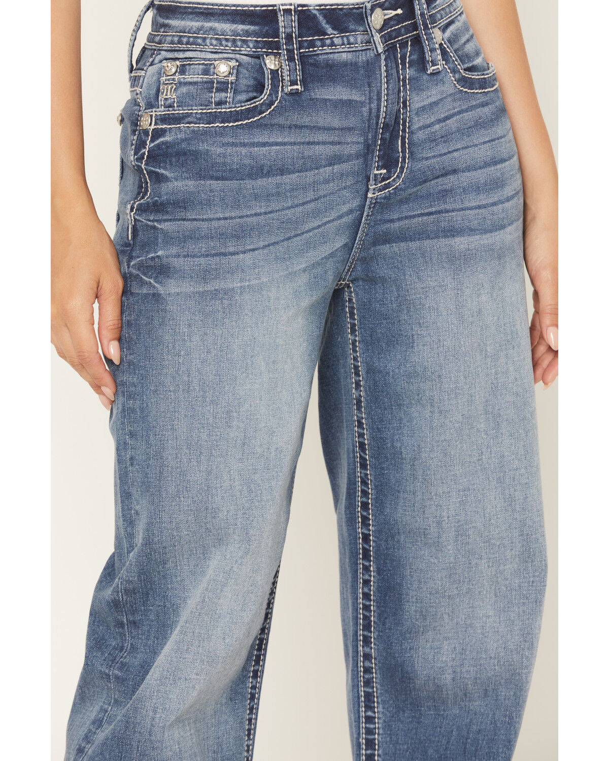 Image #4 - Miss Me Women's Medium Wash High Rise Paisley Pocket Slim 32" Bootcut Stretch Denim Jeans, Medium Wash, hi-res