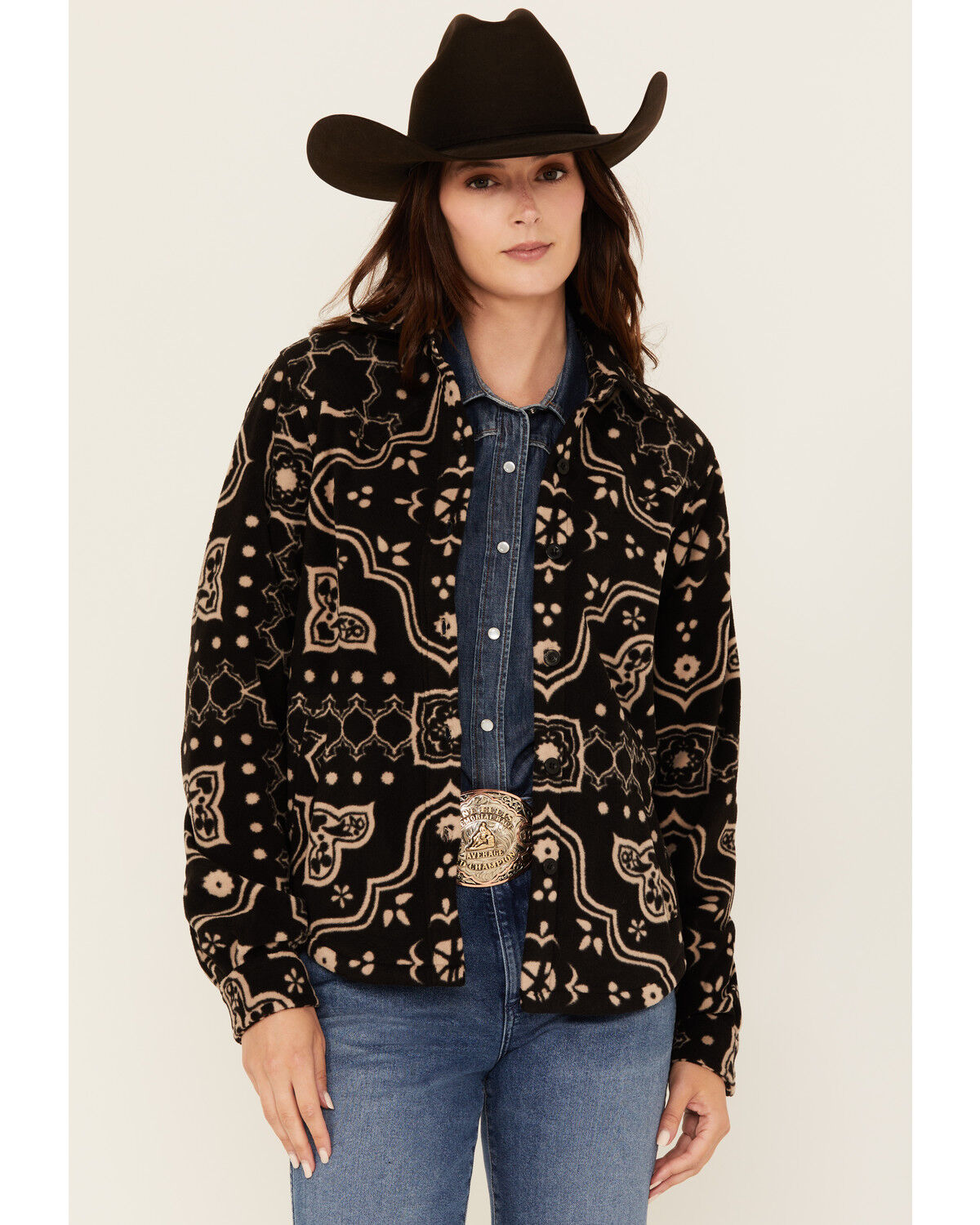 Outback Trading Co Women's Bandana Print Fleece Button-Down Western Shirt, Black, hi-res