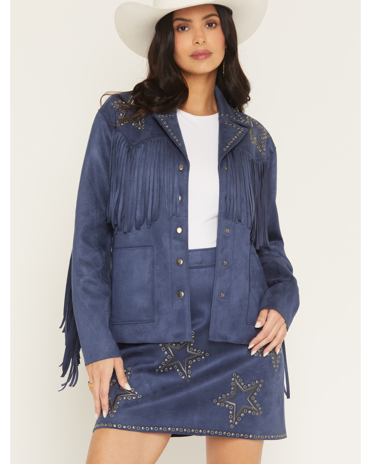 Idyllwind Women's Lonestar Fringe and Studded Faux Suede Jacket, Dark Blue, hi-res