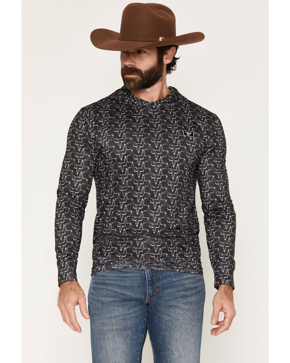 Cowboy Hardware Hombre Skull Print Long Sleeve Hooded Shirt, Black, hi-res