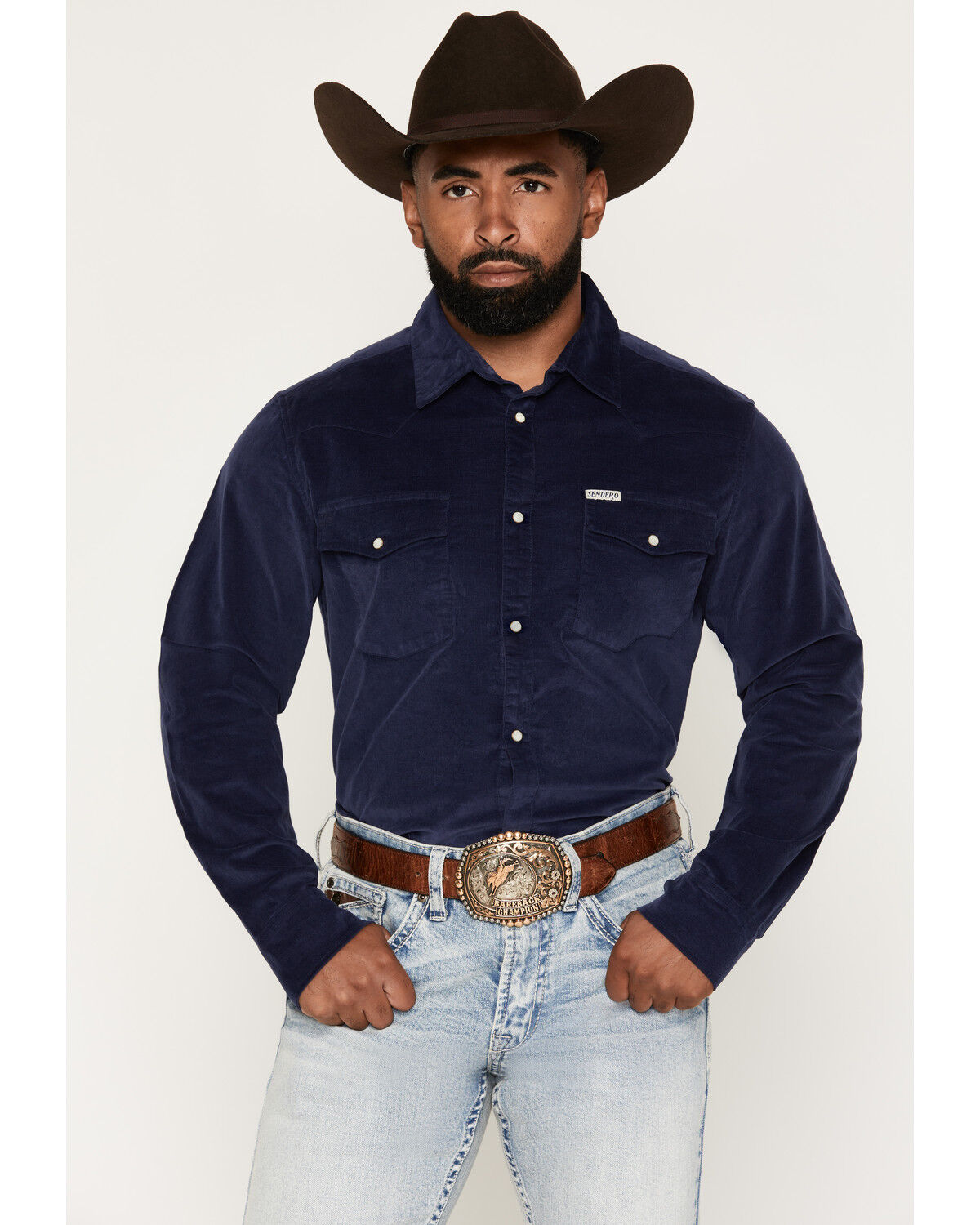 Image #1 - Sendero Provisions Men's Wyatt Solid Corduroy Long Sleeve Snap Western Shirt, Navy, hi-res