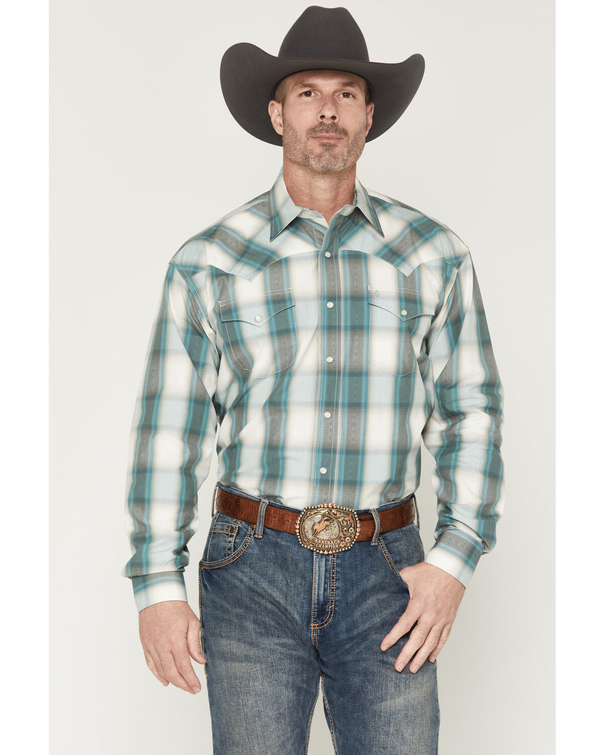 Stetson Men's Dobby Plaid Print Long Sleeve Snap Western Shirt, Blue, hi-res