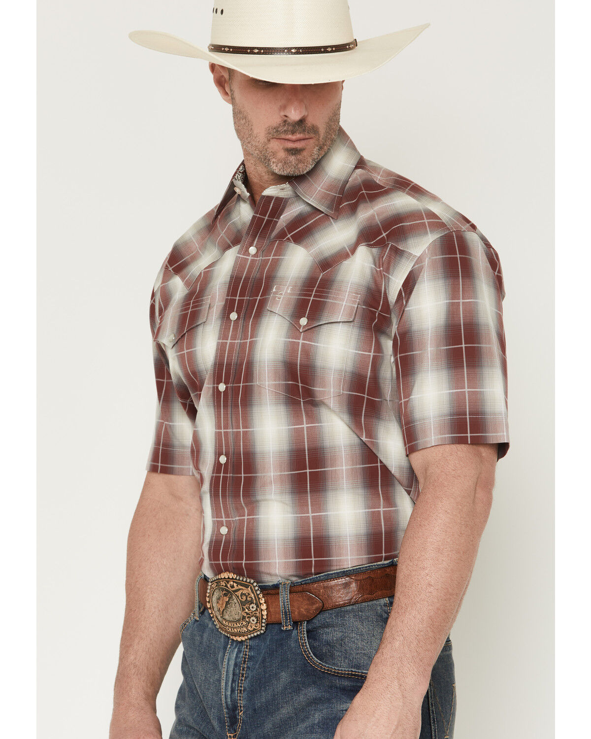Image #2 - Stetson Men's Plaid Print Short Sleeve Snap Western Shirt, Burgundy, hi-res