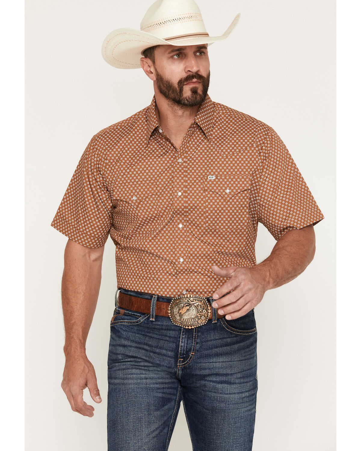 Image #1 - Ely Walker Men's Geo Print Short Sleeve Pearl Snap Western Shirt, Tan, hi-res