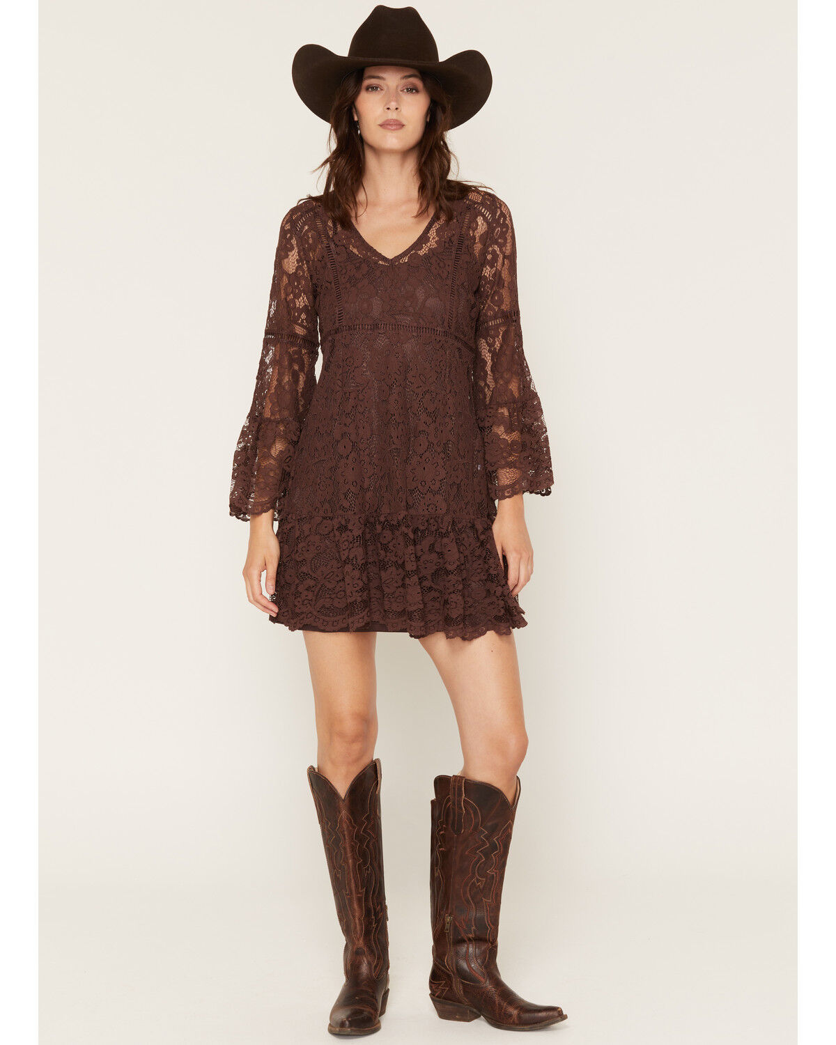 Scully Women's Lace Crochet Long Bell Sleeve Mini Dress, Chocolate, hi-res