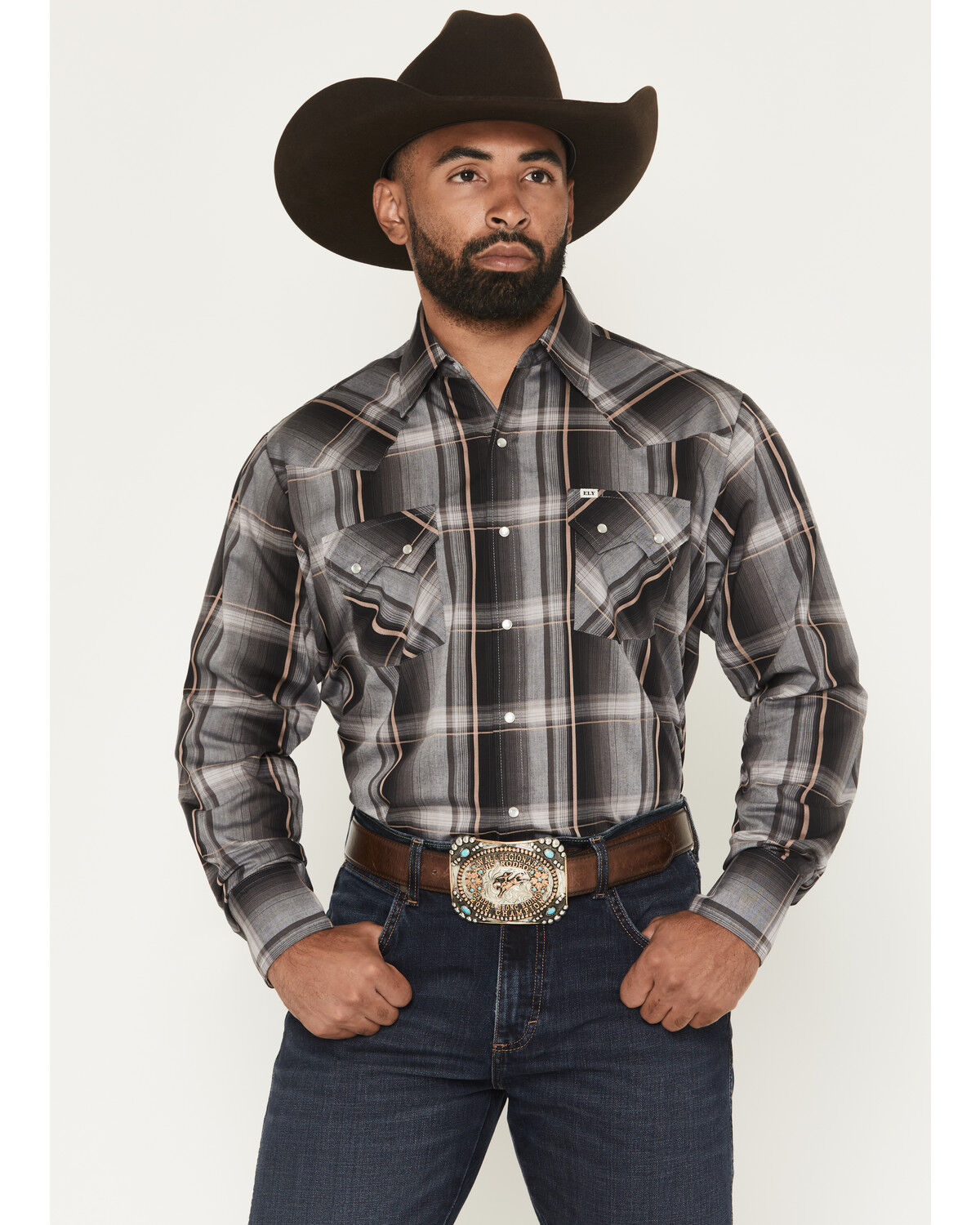 Image #1 - Ely Walker Men's Plaid Print Long Sleeve Pearl Snap Western Shirt - Big, Black, hi-res