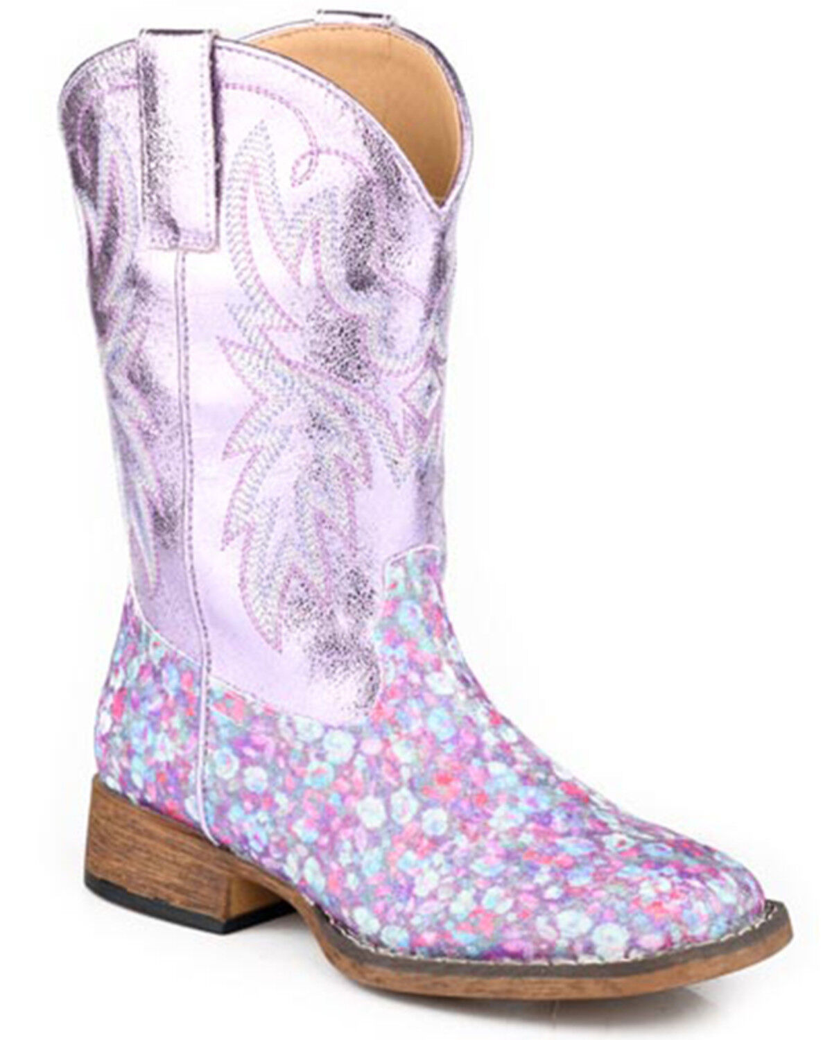 Roper Girls' Glitter Bloom Western Boots - Broad Square Toe, Purple, hi-res