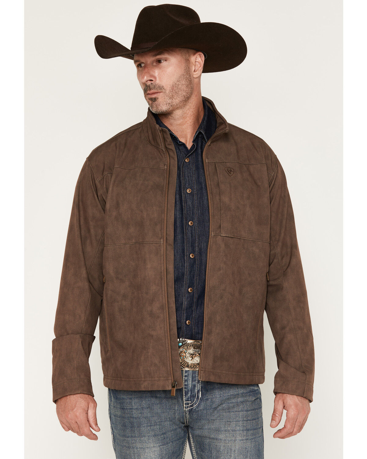 Image #1 - Ariat Men's Vernon Leather Print Softshell Jacket, Brown, hi-res
