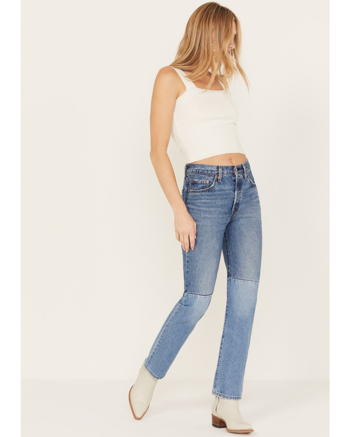 Image #1 - Levi's Women's Medium Wash 501 Pieced Destructed Jeans, Medium Wash, hi-res