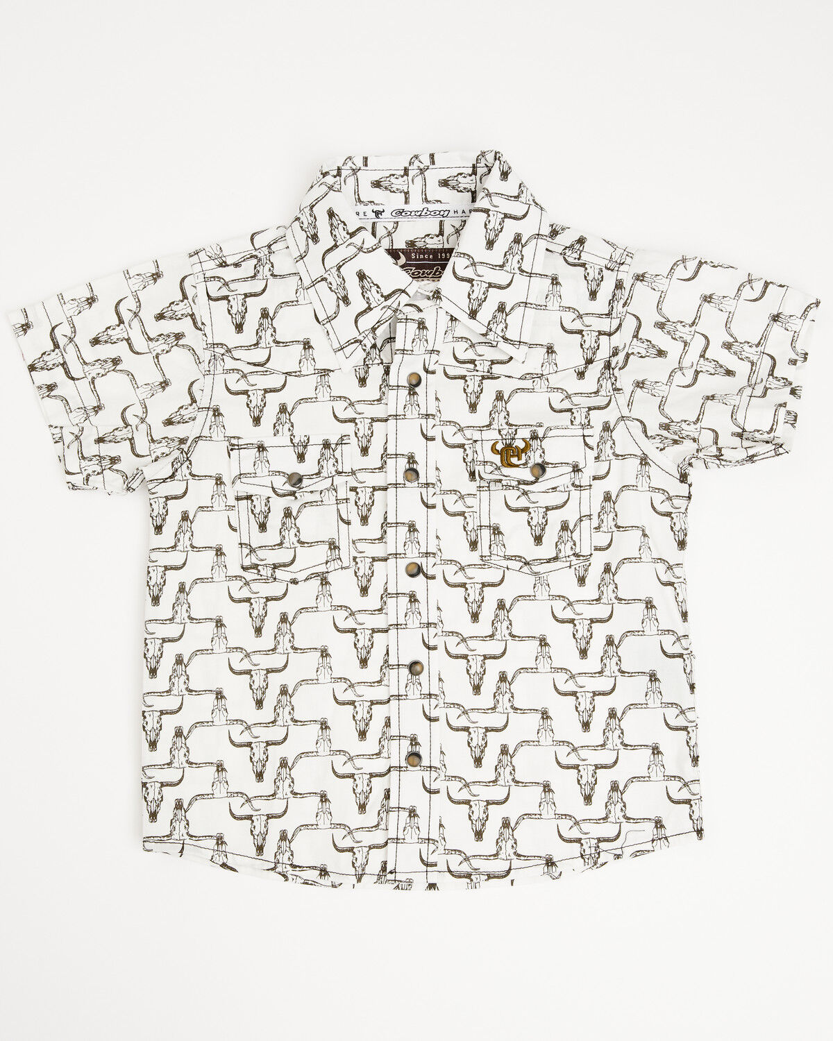 Image #1 - Cowboy Hardware Toddler Boys' Cow Skull Print Short Sleeve Snap Stretch Western Shirt, White, hi-res