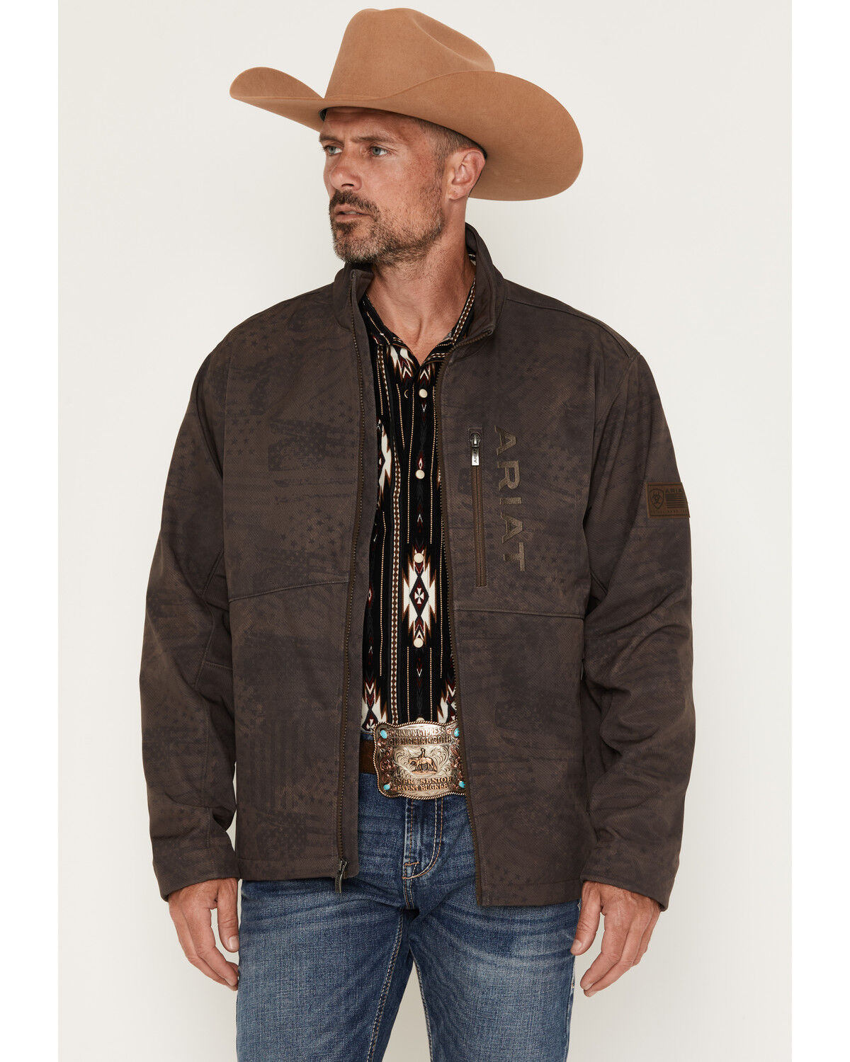 Image #1 - Ariat Men's Americana Patriot Flag Softshell Jacket, Brown, hi-res