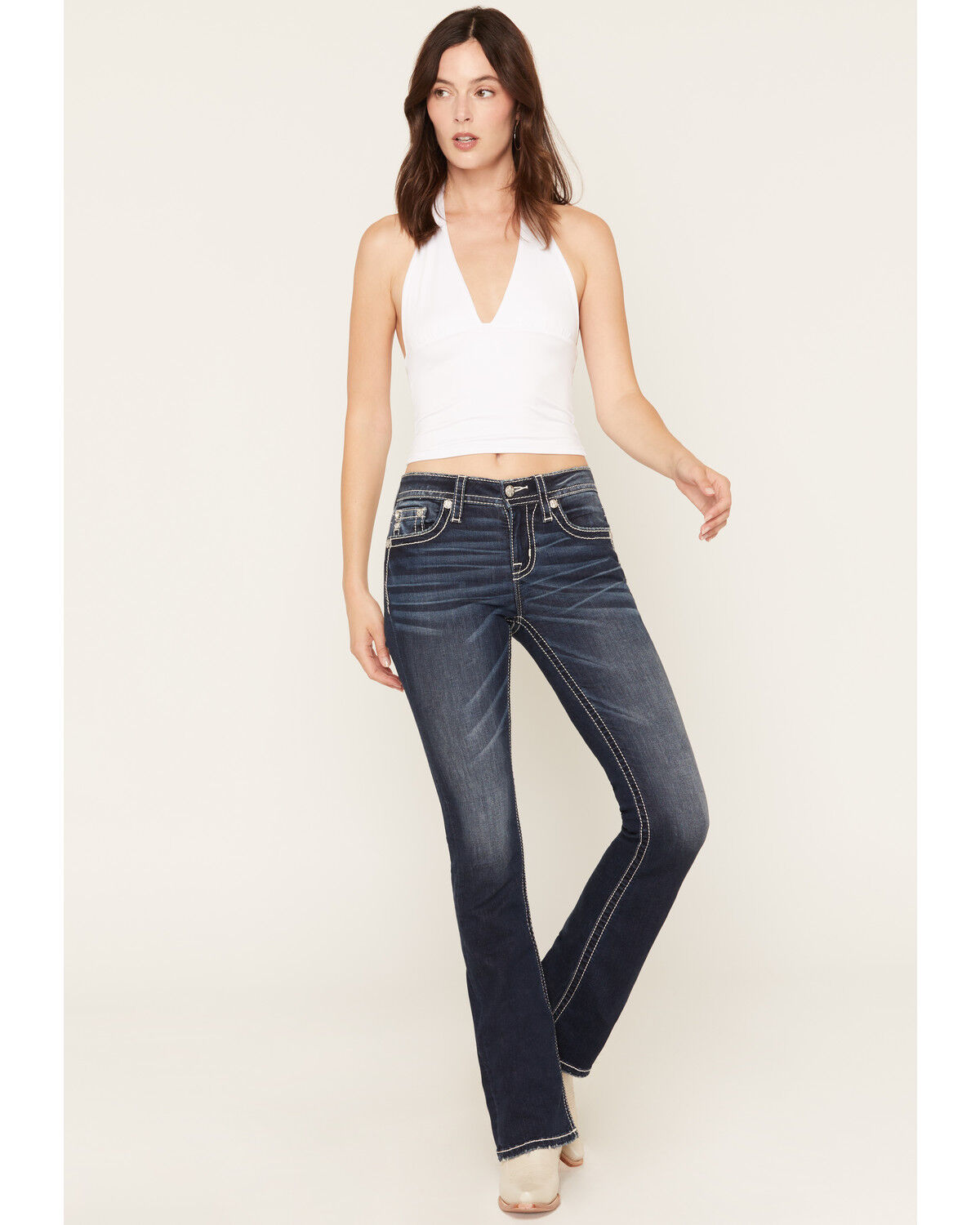 Image #3 - Miss Me Women's Dark Wash Mid Rise Winged Pocket 32" Bootcut Stretch Denim Jeans, Dark Wash, hi-res