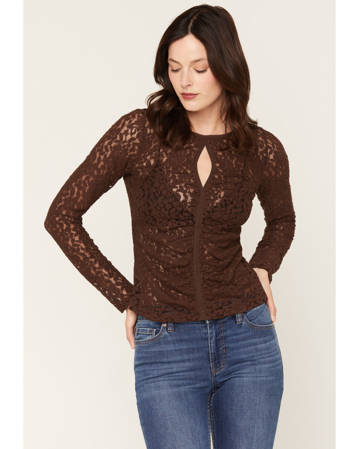 Image #1 - Shyanne Women's Ashley Long Sleeve Lace Keyhole Top, Dark Brown, hi-res
