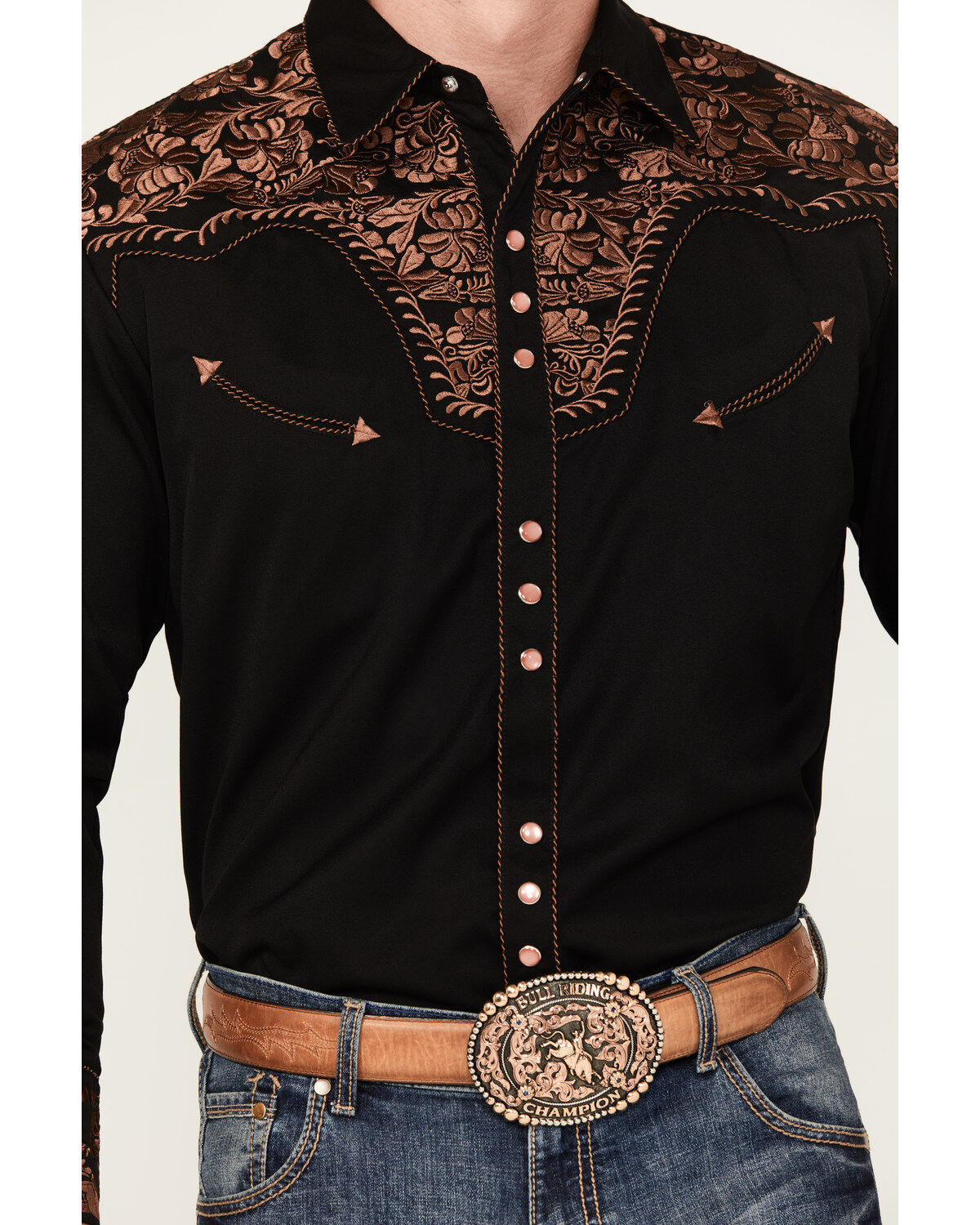 Image #3 - Scully Men's Embroidered Gunfighter Long Sleeve Snap Western Shirt, Black, hi-res