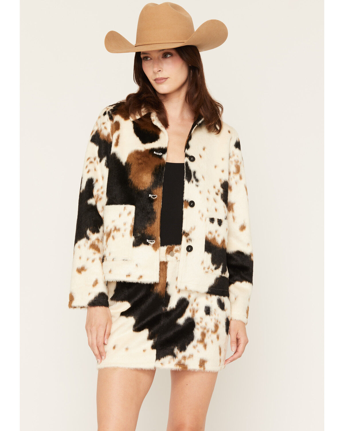 Image #1 - Rock  & Roll Denim Women's Cow Print Faux Fur Jacket, Cream, hi-res