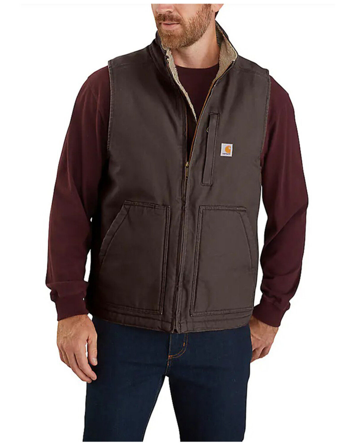 Image #1 - Carhartt Men's Dark Brown Washed Duck Sherpa Lined Mock Neck Work Vest - Tall, Dark Brown, hi-res