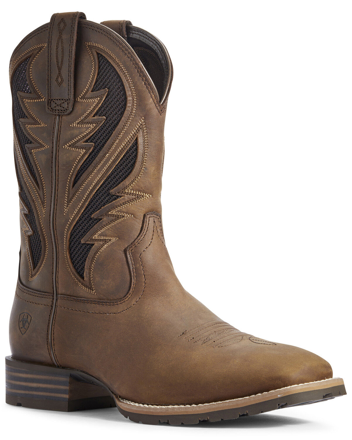 Ariat Men's Hybrid VentTEK Distressed Western Performance Boots - Broad Square Toe, Brown, hi-res