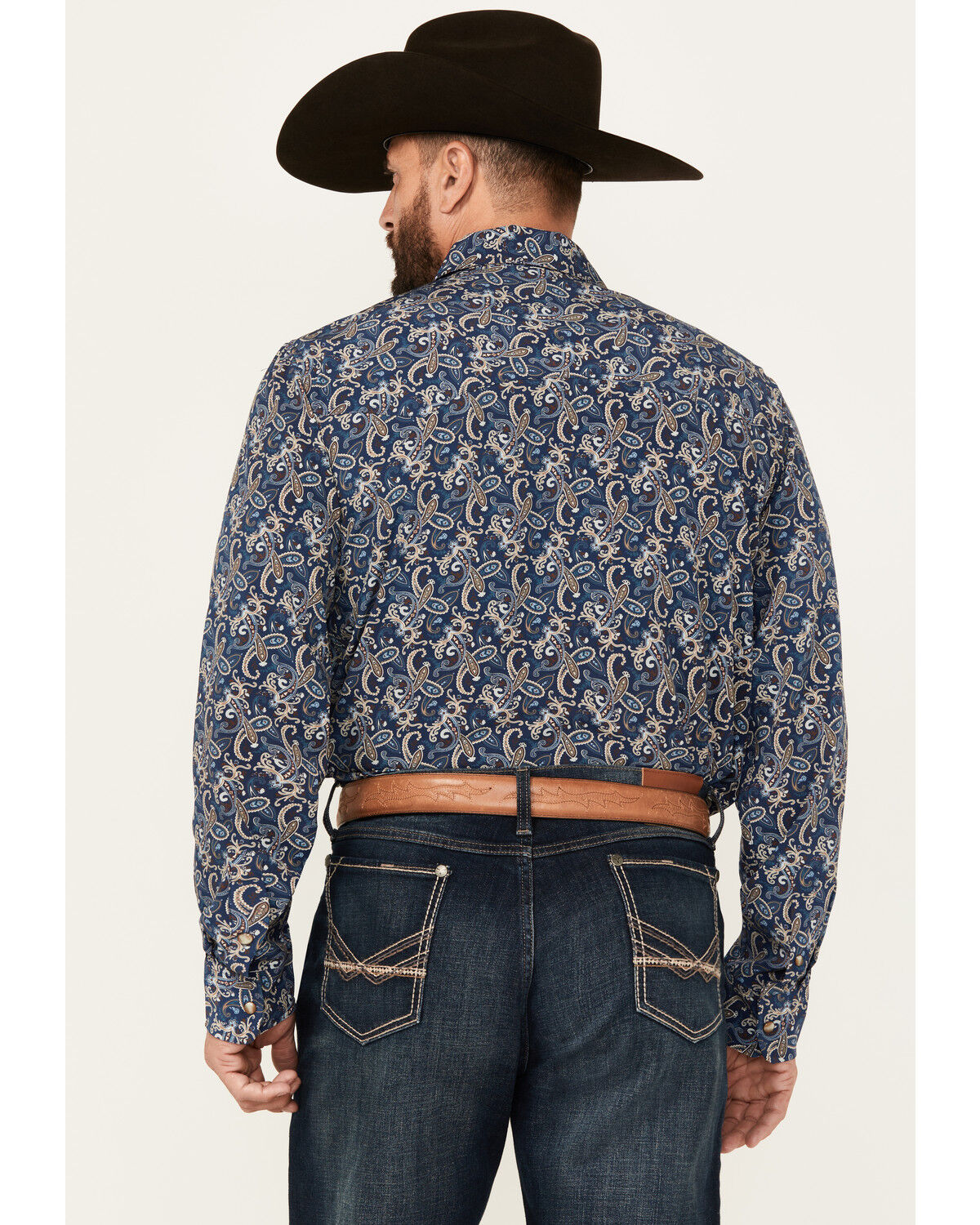 Image #4 - Panhandle Men's Paisley Print Long Sleeve Snap Performance Stretch Western Shirt, Navy, hi-res