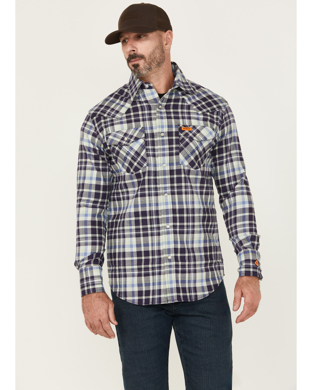 Image #1 - Wrangler Men's FR Plaid Print Long Sleeve Snap Work Shirt, Blue, hi-res
