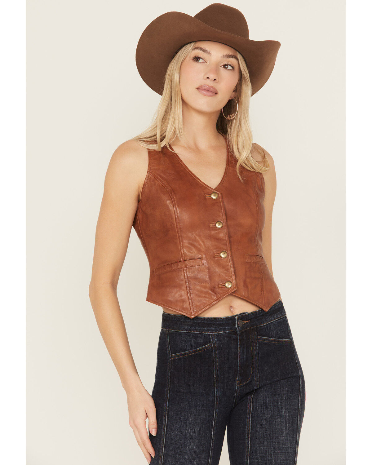 Image #2 - Idyllwind Women's Fitted Button-Down Leather Vest, Caramel, hi-res