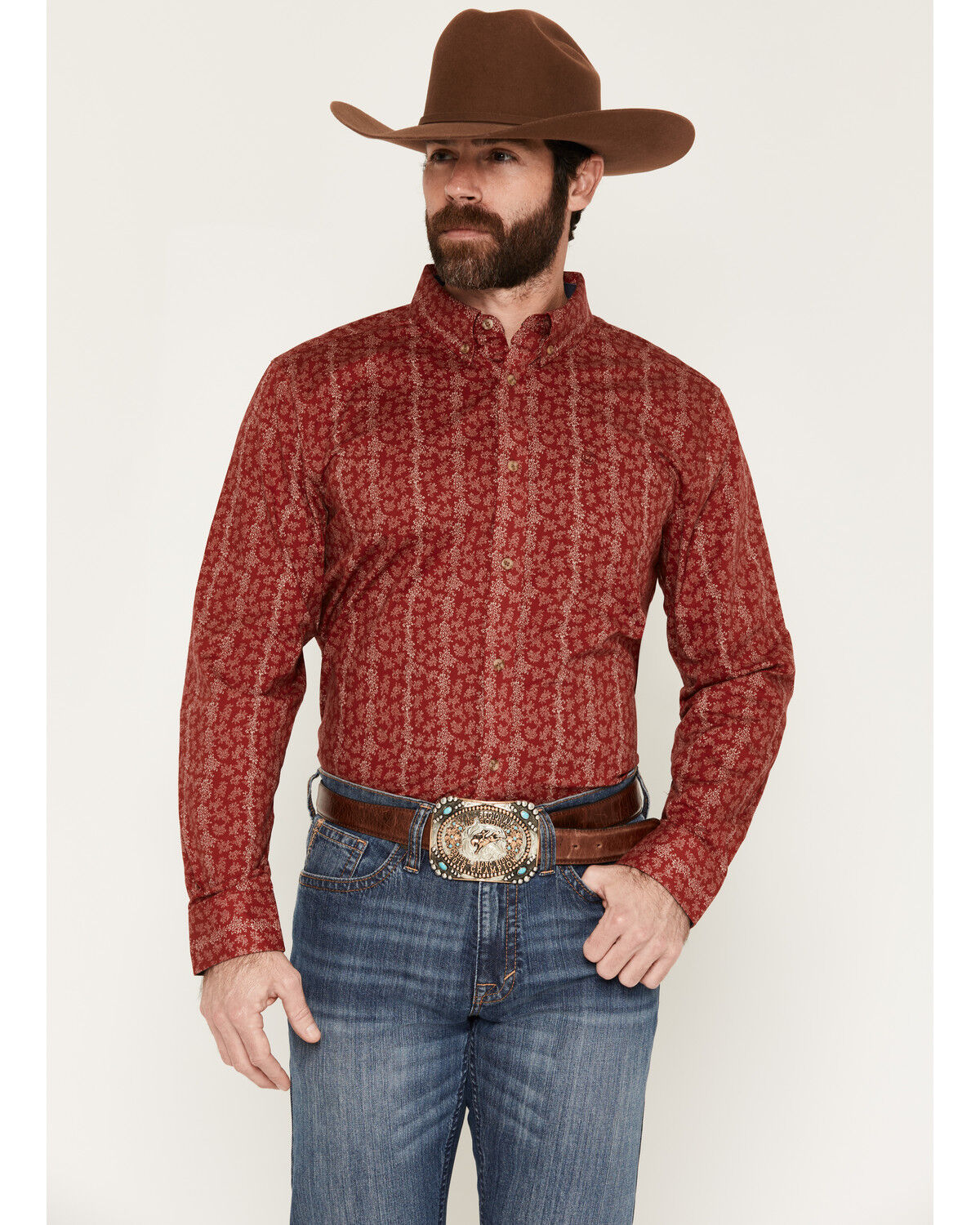 Image #1 - Cody James Men's Ol Hickory Floral Stripe Print Long Sleeve Button-Down Stretch Western Shirt, Red, hi-res