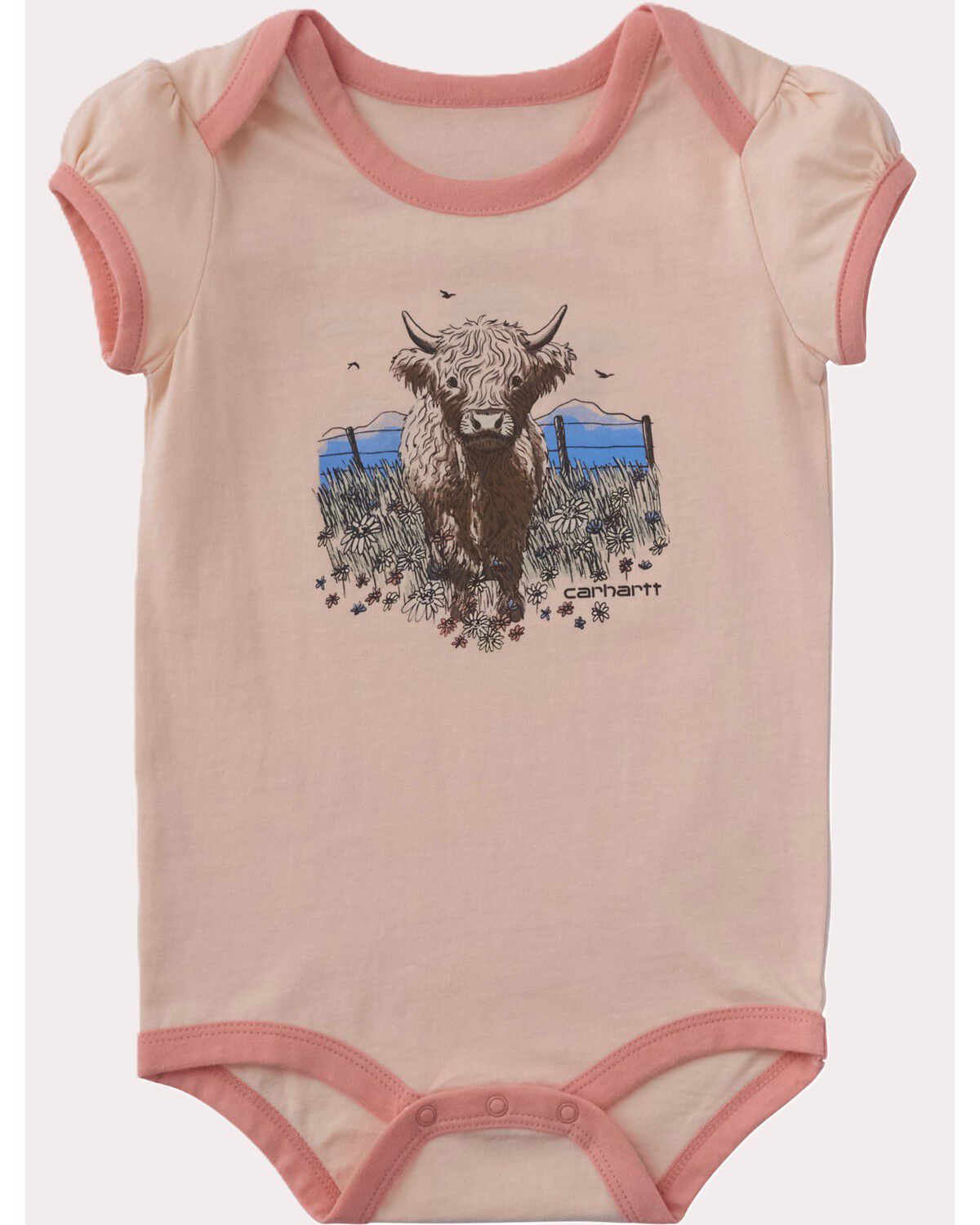 Image #1 - Carhartt Infant Girls' Highland Cow Onesie, Peach, hi-res
