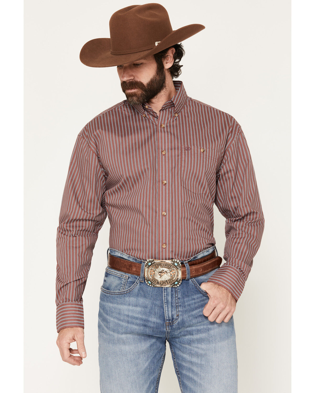 Image #1 - Wrangler Men's Classics Striped Long Sleeve Button-Down Western Shirt, Red, hi-res