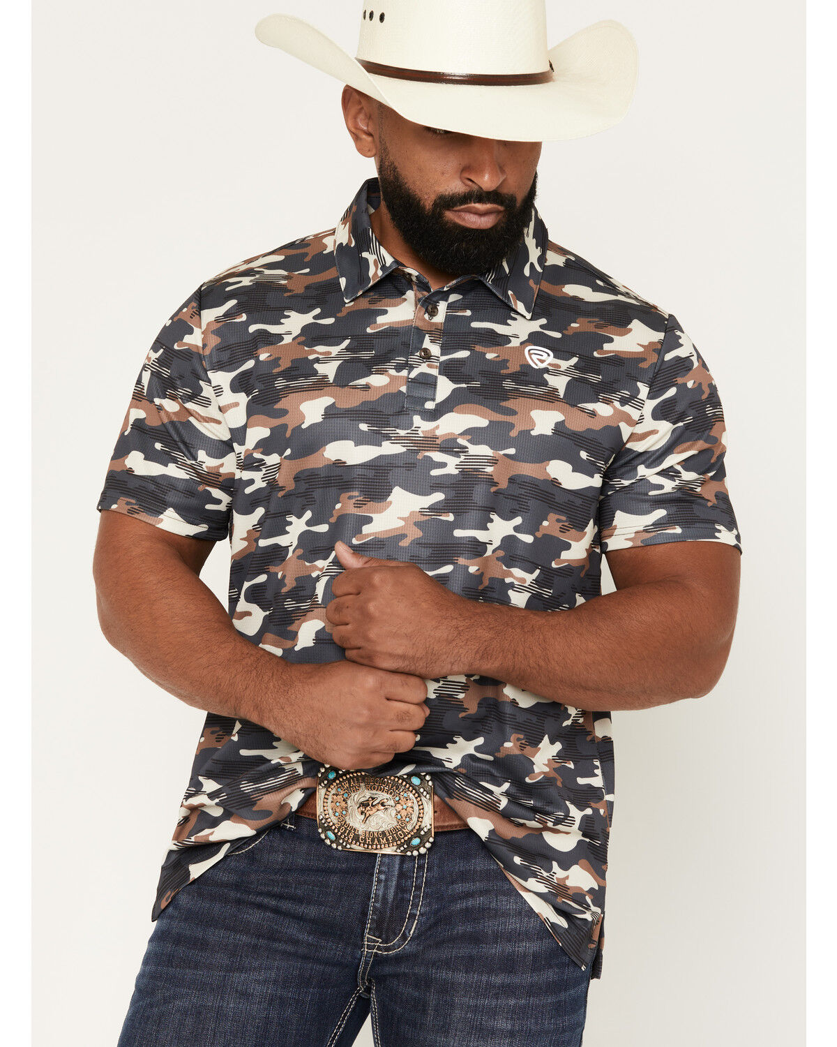 Image #1 - Rock & Roll Denim Men's Camo Print Short Sleeve Button-Down Polo Shirt, Charcoal, hi-res