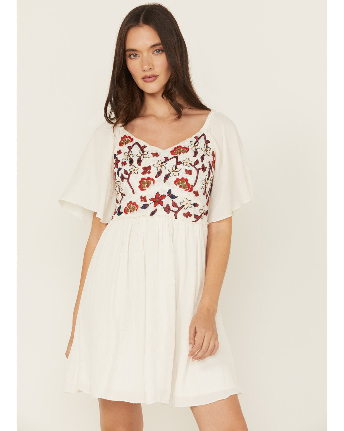 Image #2 - Shyanne Women's Embroidered Crinkle Flutter Sleeve Mini Dress, Ivory, hi-res