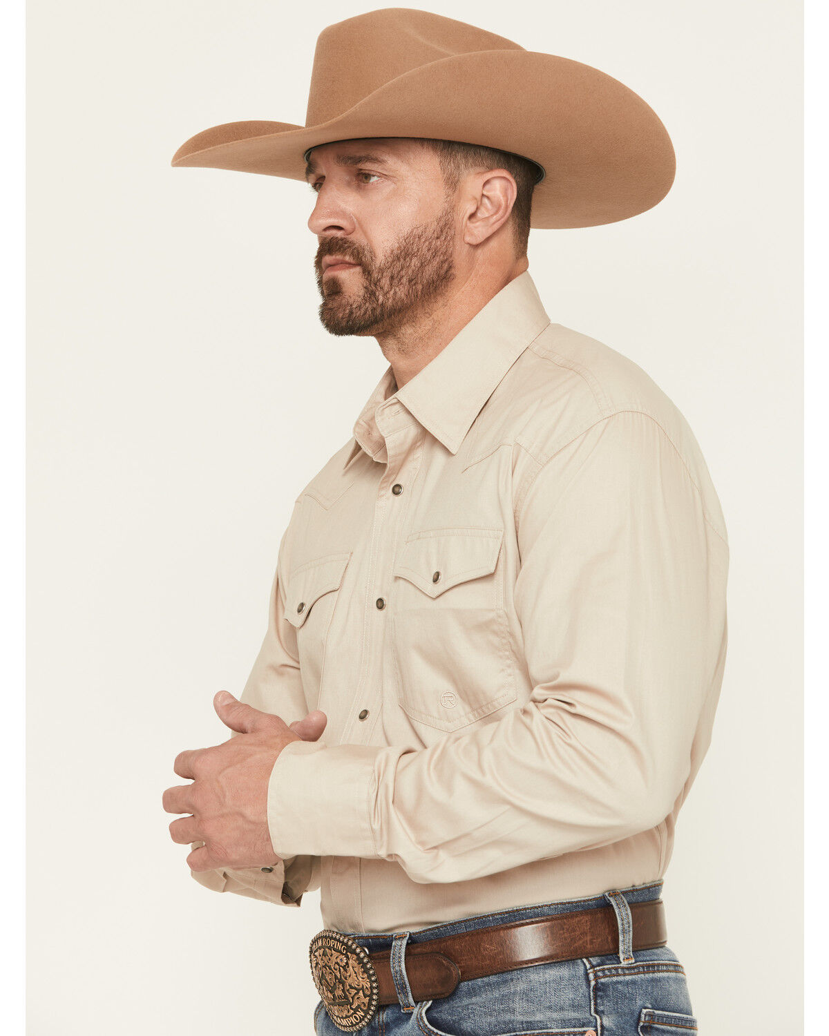 Image #2 - Roper Men's Solid Poplin Long Sleeve Snap Western Shirt, Tan, hi-res