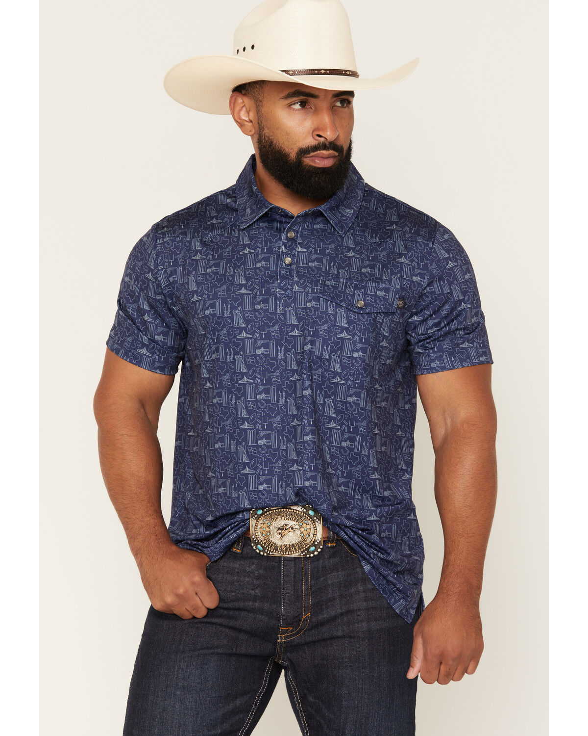 Image #1 - Rock & Roll Denim Men's Game Day Short Sleeve Snap Polo, Navy, hi-res