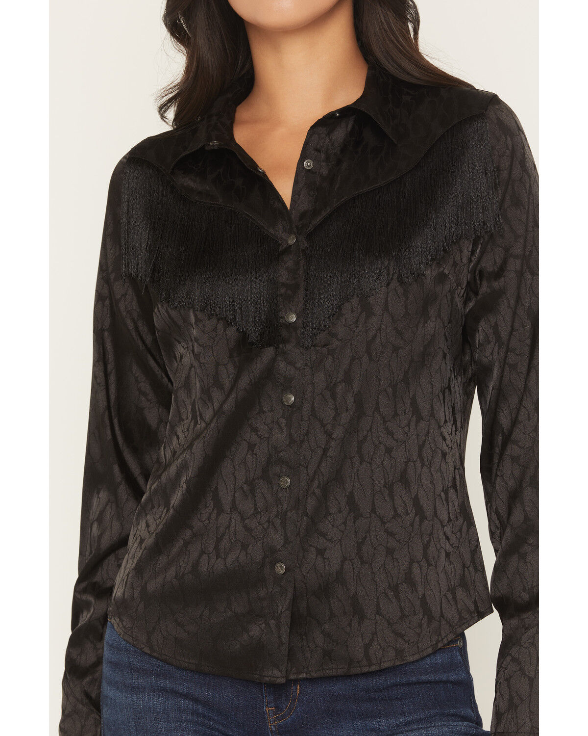 Image #3 - Shyanne Women's Roberta Long Sleeve Fringe Satin Button-Down Western Shirt, Black, hi-res