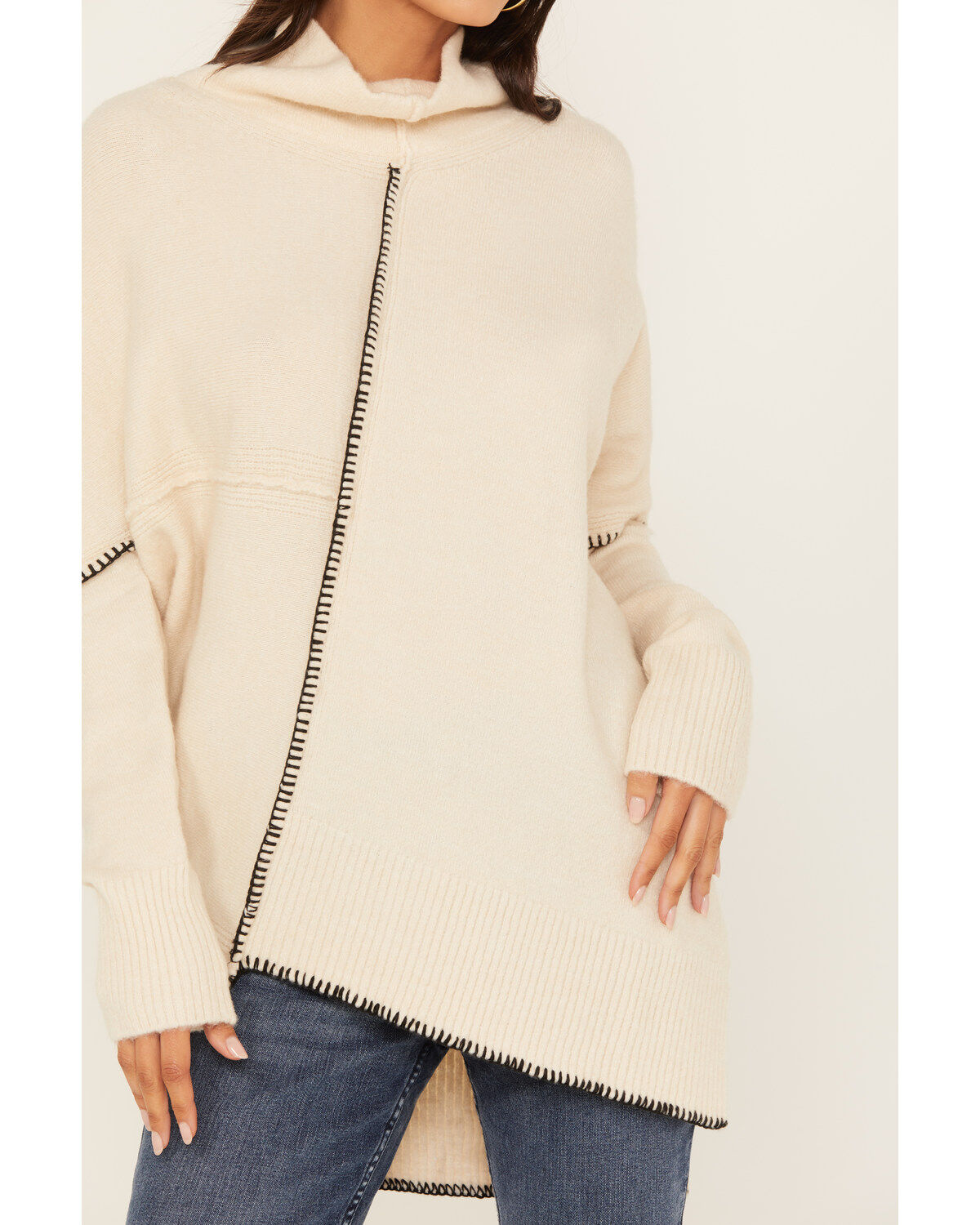 Image #3 - Revel Women's Asymmetrical Contrast Stitch Turtleneck Sweater, Cream, hi-res